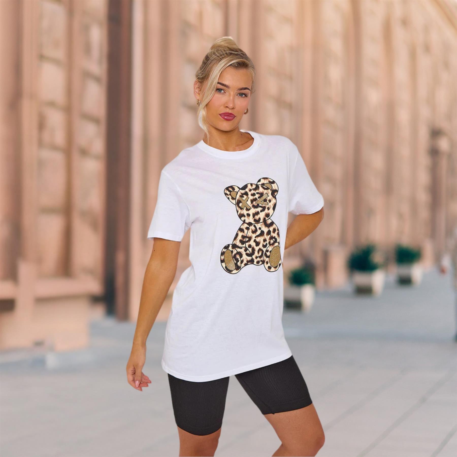 Camiseta de manga corta para damas con gráfico de peluche de leopardo informal holgada de gran tamaño - Imagen 11 de 11
