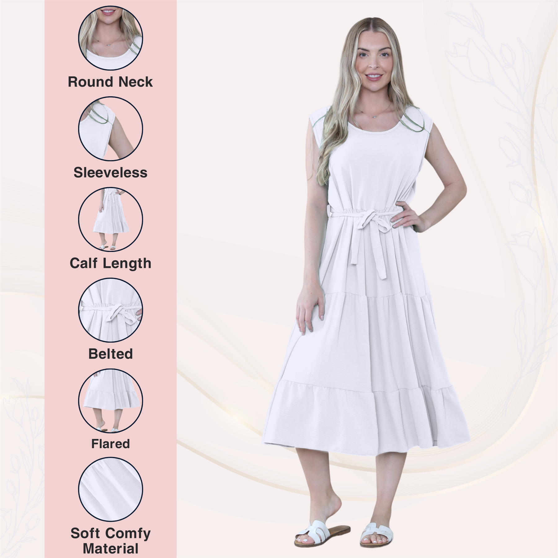 Womens Italian Smock Dress Sleeveless Belted Midi Dress Plain Frill Summer Dress - Picture 62 of 64