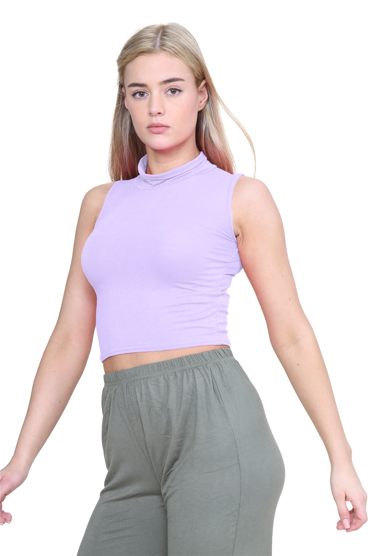 Womens Sleeveless Crop Top Ladies High Turtle Neck Plain Stretchy T-Shirt Vest - Picture 65 of 165