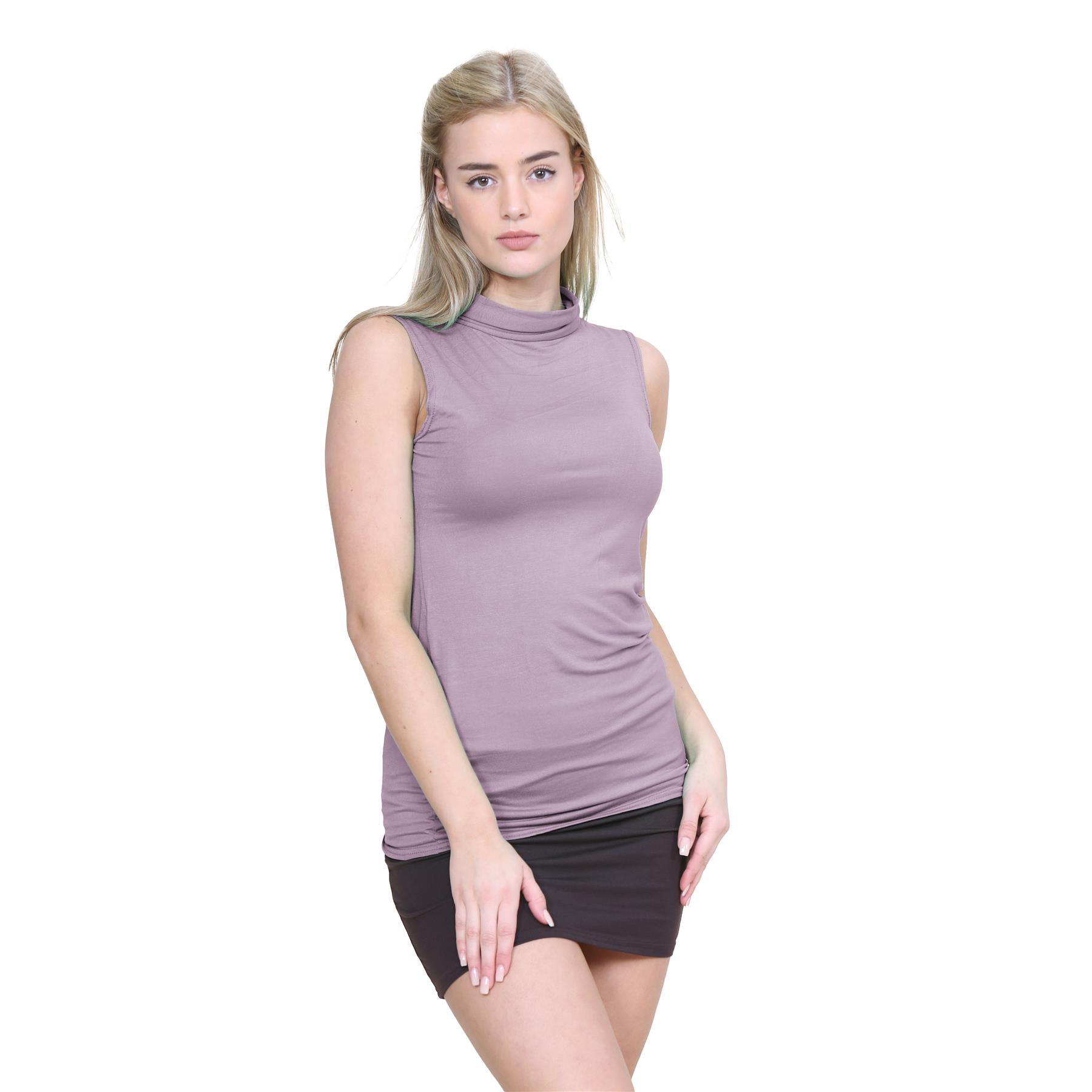 Womens Turtle Polo Neck T-Shirt Plain Stretch Sleeveless Bodycon Vest Tee Top - Picture 13 of 25