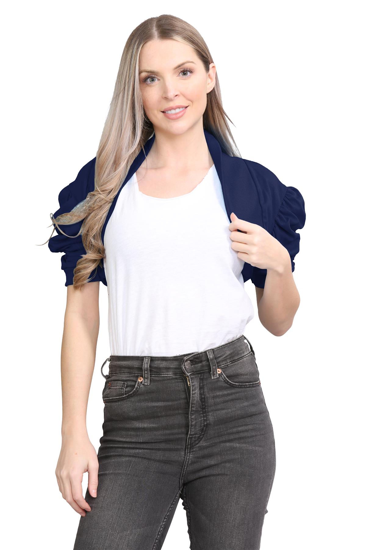 Womens Bolero Shrug Ruched Puff Sleeves Plain Open Cardigan Soft Cotton Crop Top - Picture 58 of 100
