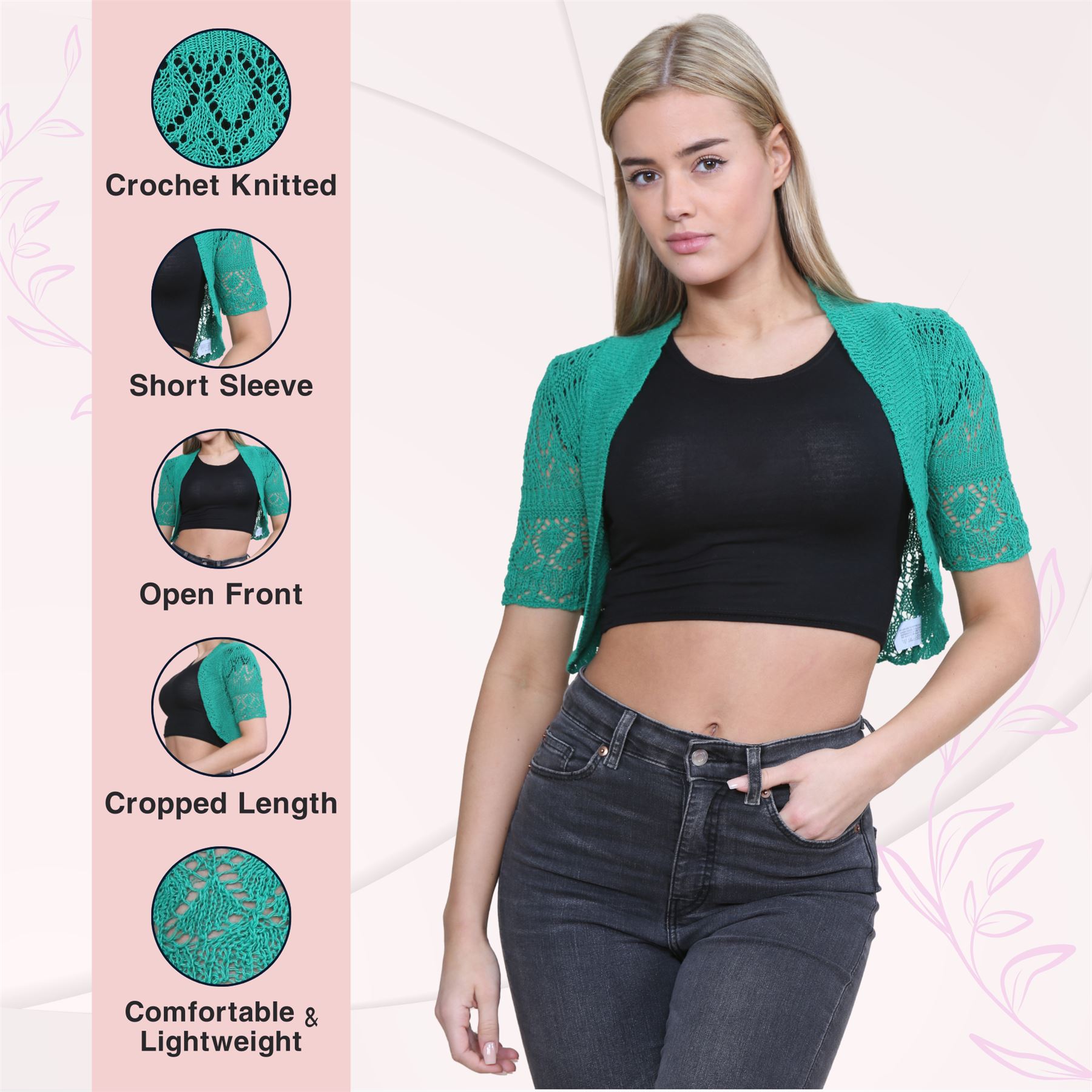 Womens Crochet Knitted Bolero Shrug Short Sleeve Open Front Cardigan Crop Top - Picture 65 of 186