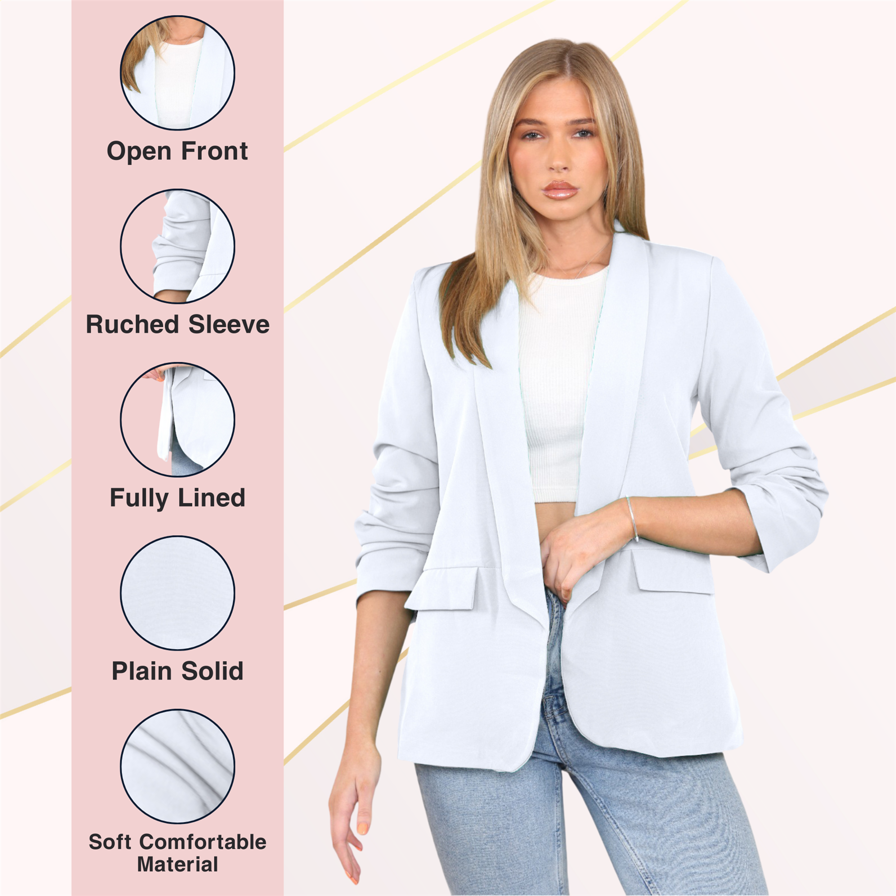 Blazer de manga acanalada para damas totalmente forrado cuello liso informal chaqueta de oficina top - Imagen 86 de 97