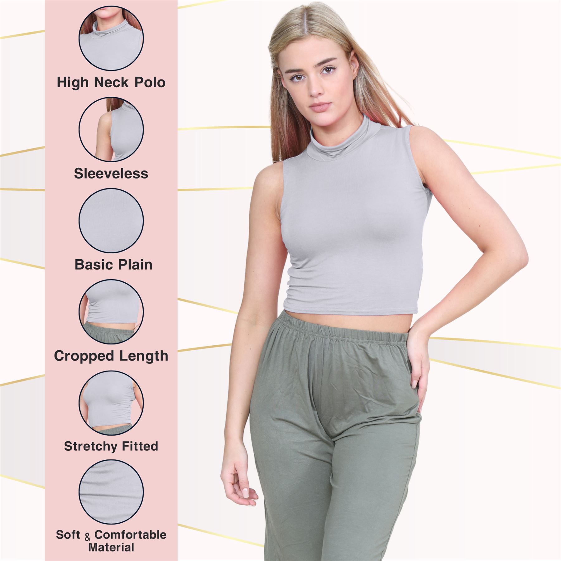 Womens Sleeveless Crop Top Ladies High Turtle Neck Plain Stretchy T-Shirt Vest - Picture 54 of 165