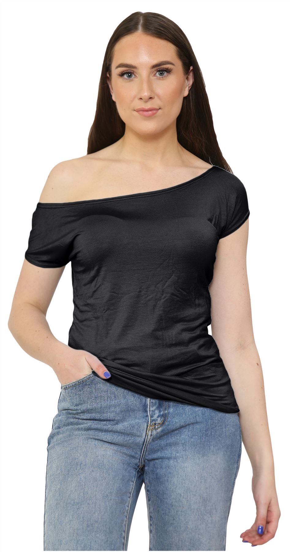 Nuevo Damas Mangas Cortas Hombro Liso Elastizado Calce Ajustado Bardot Camiseta Prenda para el torso - Imagen 2 de 58
