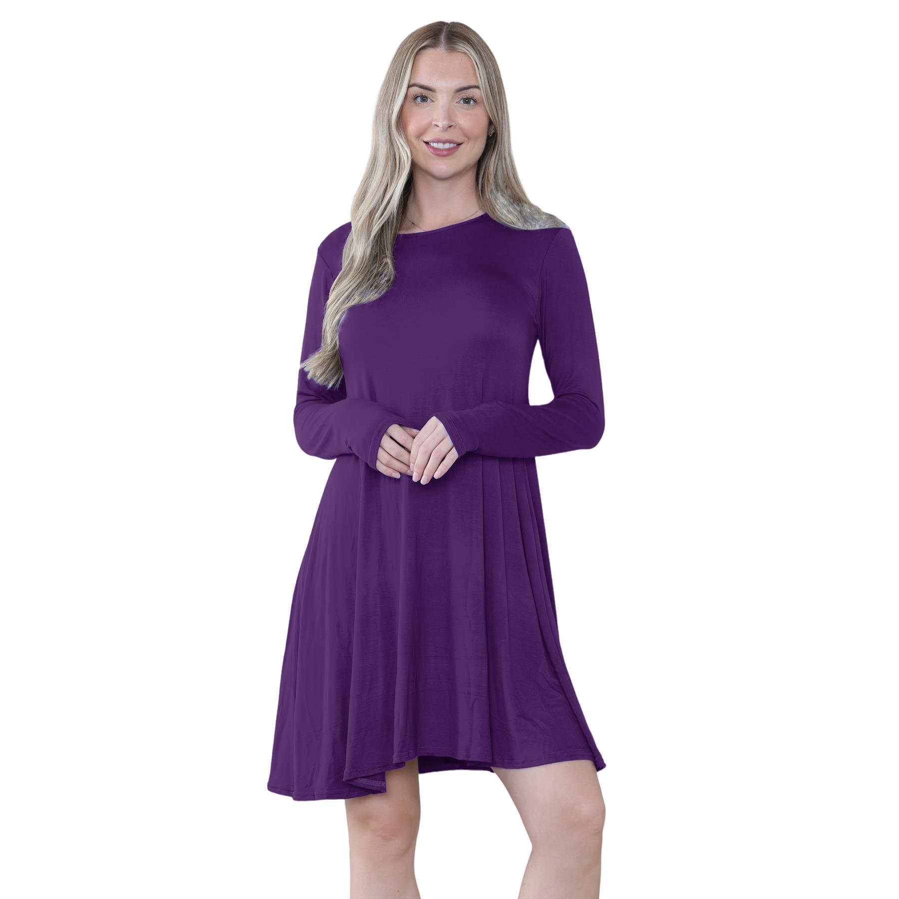 Damen Swing Kleid Uni Langarm Freizeit Ausgestellt A Linie Mini Oberteil Übergröße - Bild 67 von 100