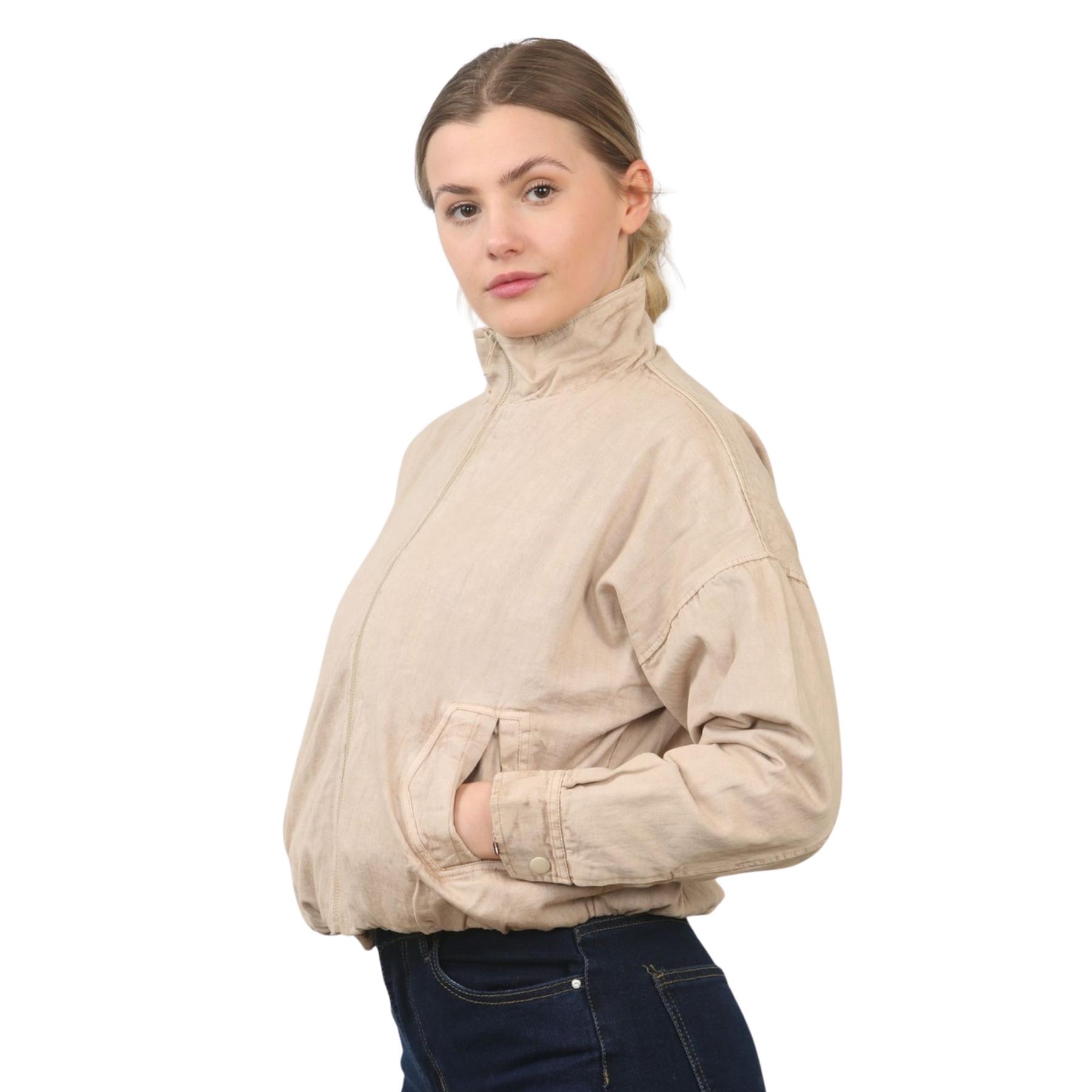 Damen-Bomberjacke Acid Washed lässig Reißverschlusskragen Oberbekleidung kurzer Wintermantel - Bild 15 von 18