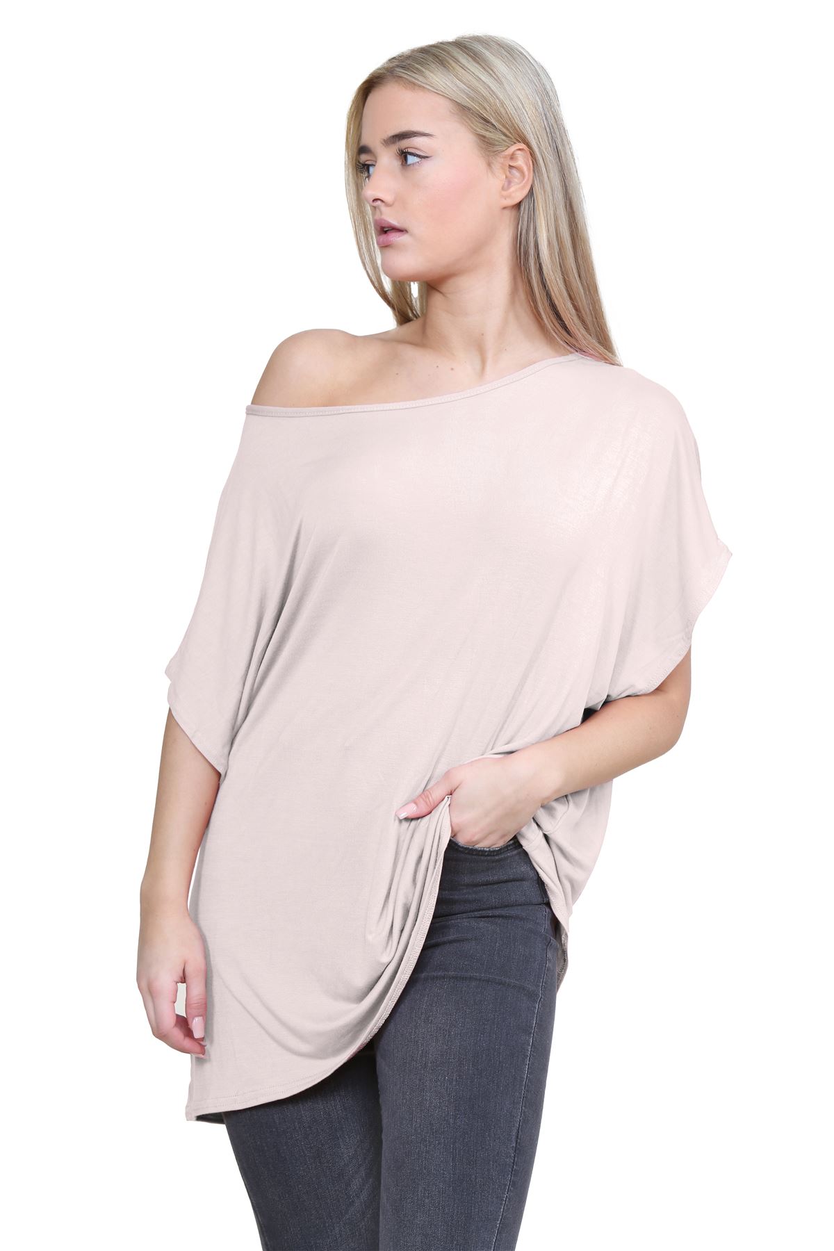 Schulterfreies Damen-T-Shirt Oberteil Fledermausärmel Oversize uni Freizeit Bardot Oberteil - Bild 101 von 225