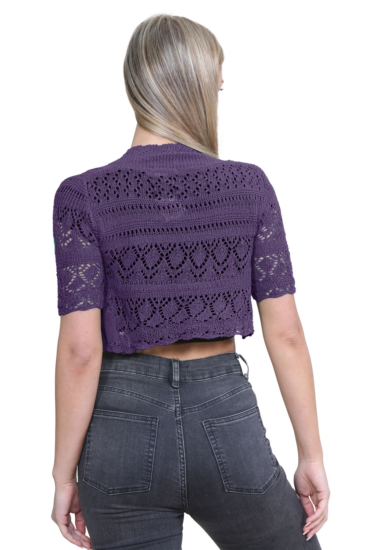 Womens Crochet Knitted Bolero Shrug Short Sleeve Open Front Cardigan Crop Top - Picture 124 of 186
