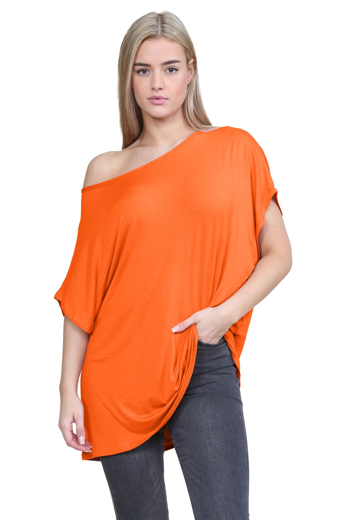 Schulterfreies Damen-T-Shirt Oberteil Fledermausärmel Oversize uni Freizeit Bardot Oberteil - Bild 112 von 225