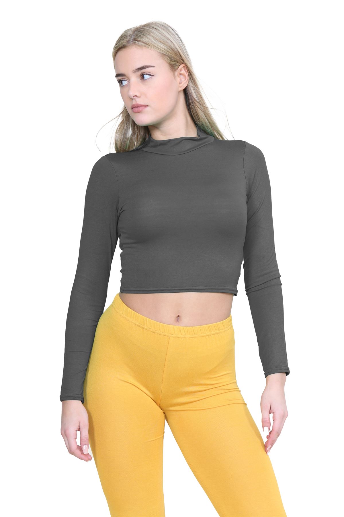 Turtle Neck Crop Top Womens Plain Long Sleeve Stretchy Basic Polo Neck T-Shirt - Picture 26 of 129