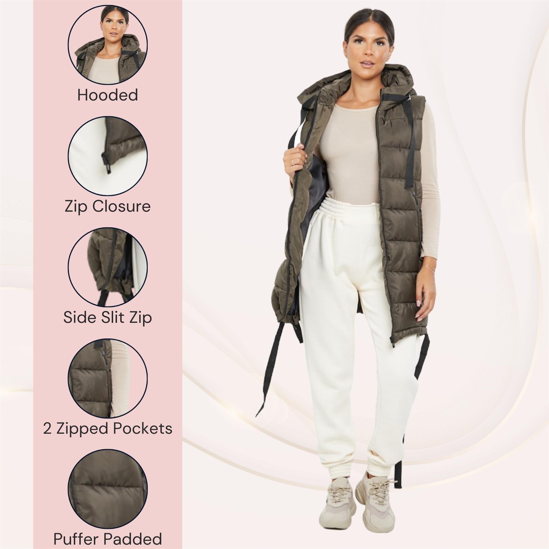 Damas Chaqueta larga acolchada con capucha chaleco acolchada calentador de cuerpo con cremallera - Imagen 32 de 42