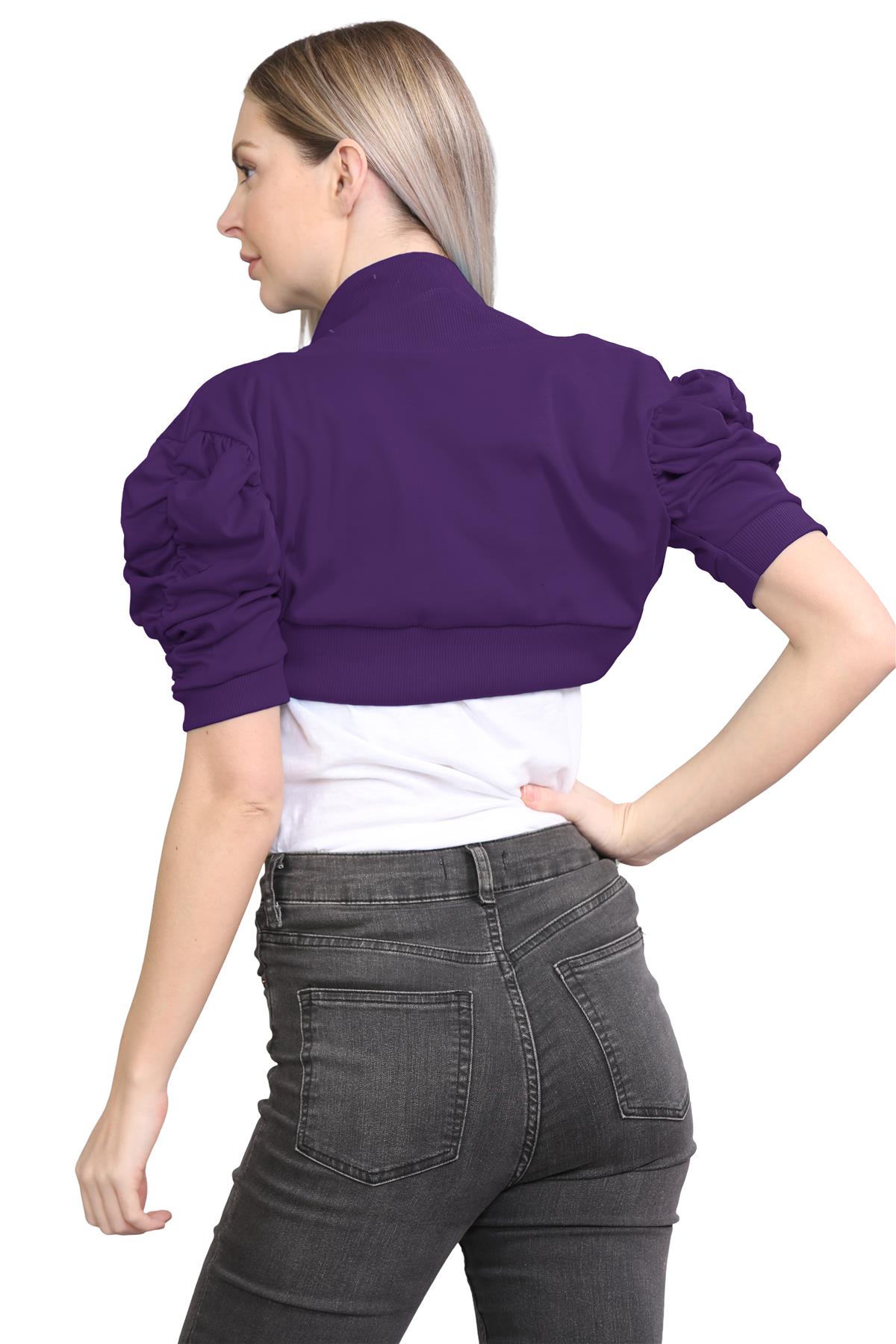 Womens Bolero Shrug Ruched Puff Sleeves Plain Open Cardigan Soft Cotton Crop Top - Picture 72 of 100