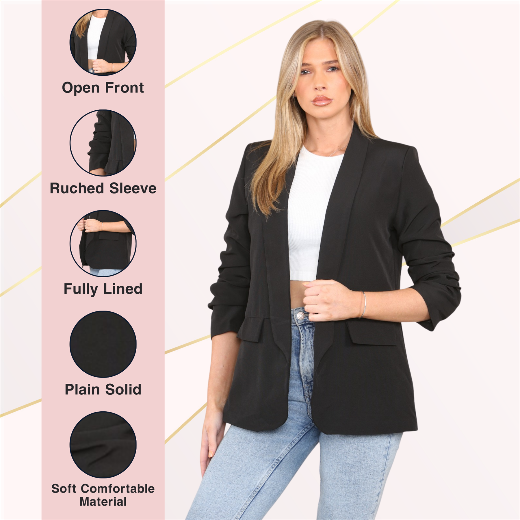 Blazer de manga acanalada para damas totalmente forrado cuello liso informal chaqueta de oficina top - Imagen 10 de 97