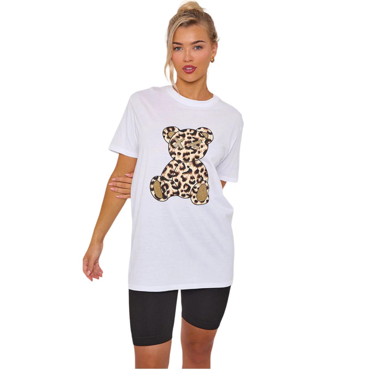 Camiseta de manga corta para damas con gráfico de peluche de leopardo informal holgada de gran tamaño - Imagen 7 de 11