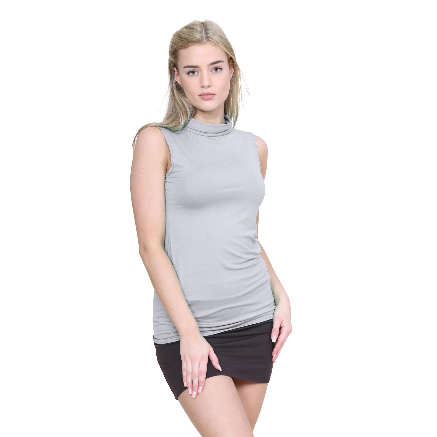 Womens Turtle Polo Neck T-Shirt Plain Stretch Sleeveless Bodycon Vest Tee Top - Picture 10 of 25
