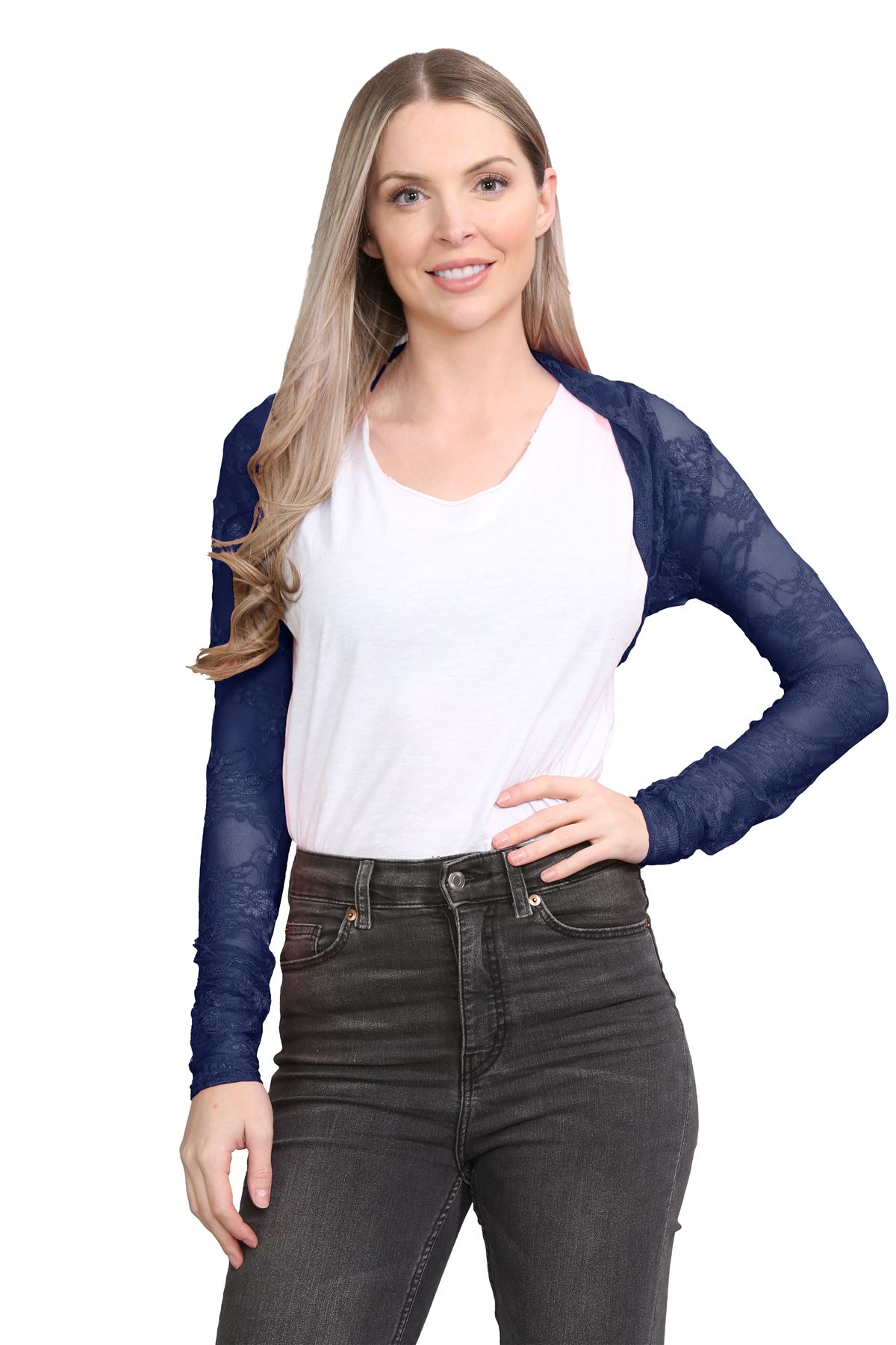 Damen Blumen Spitze Bolero Achselzucken vorne offen lange Ärmel Cropped Cardigan Top - Bild 32 von 79