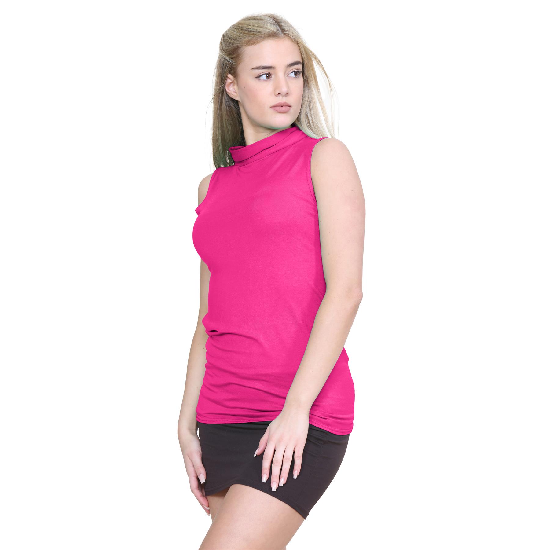 Womens Turtle Polo Neck T-Shirt Plain Stretch Sleeveless Bodycon Vest Tee Top - Picture 9 of 25