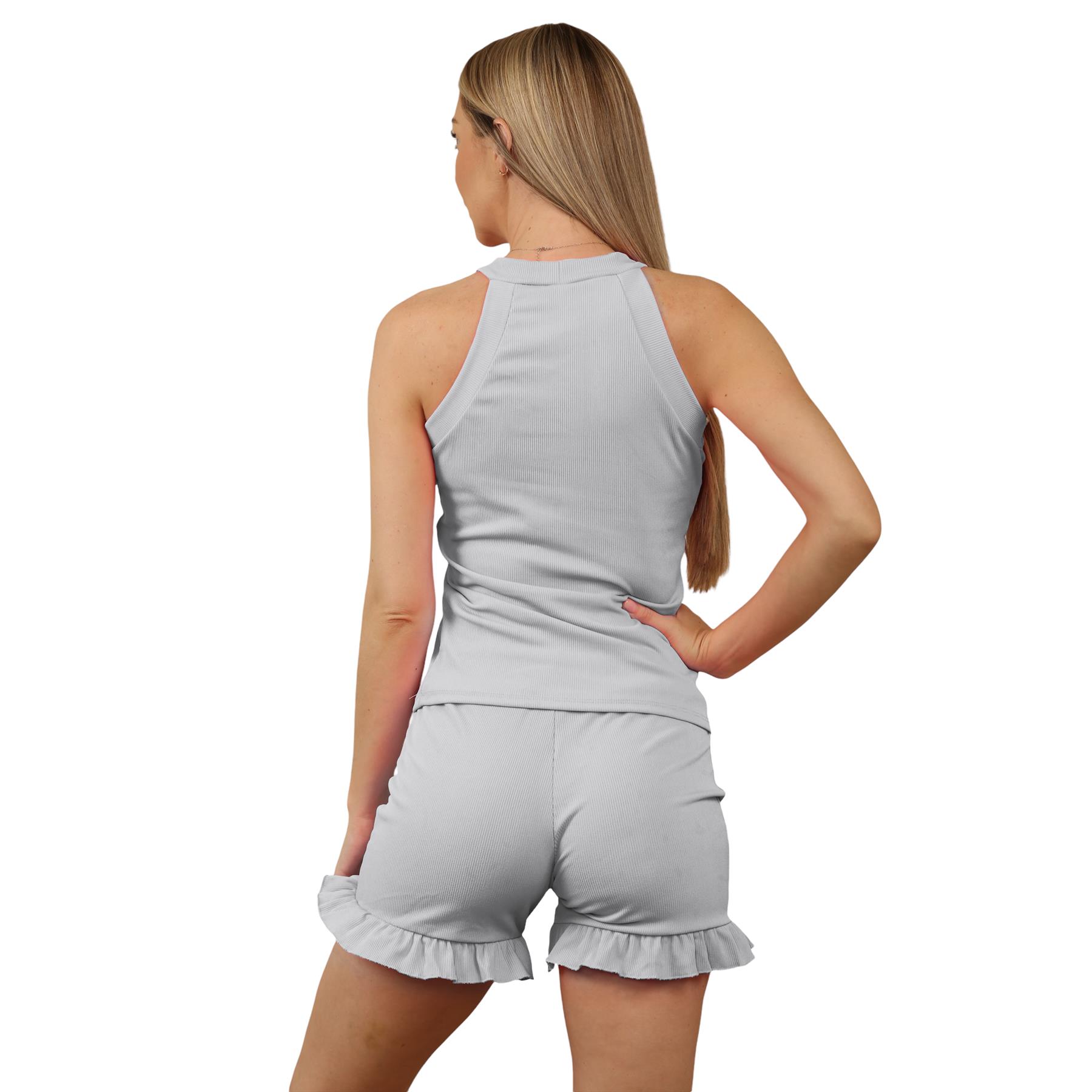 Conjunto corto acanalado para mujer Chaleco con botones dorados Top Volantes Pantalones cortos Co-ords 2 piezas Ropa de salón - Imagen 11 de 60