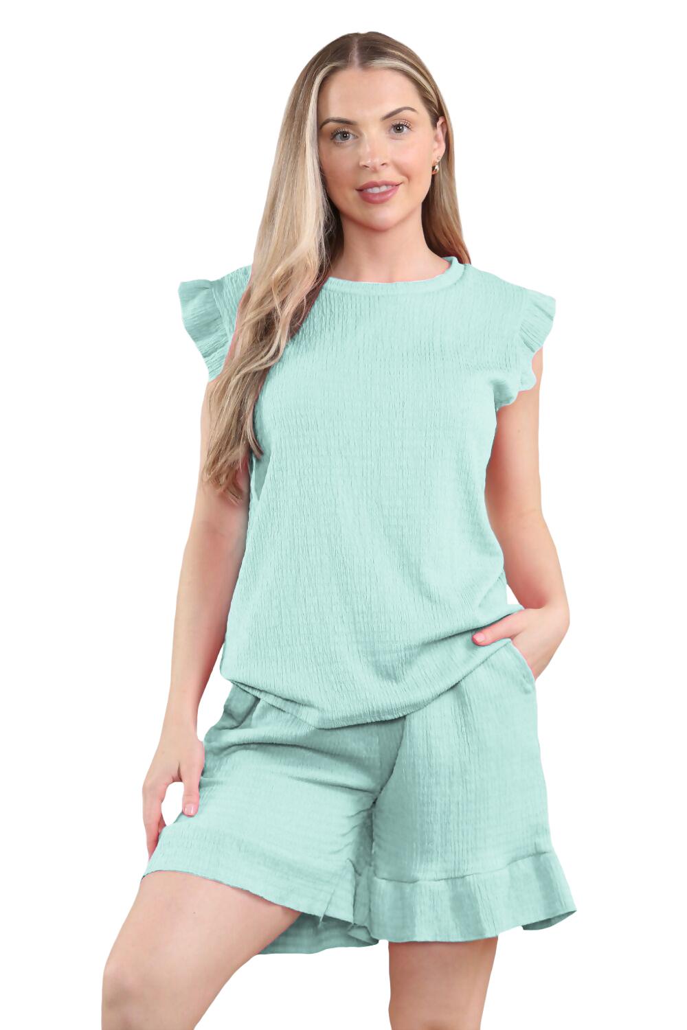 Conjunto corto de 2 piezas italiano para mujer conjunto de ropa de salón de verano con volantes sin mangas - Imagen 2 de 61