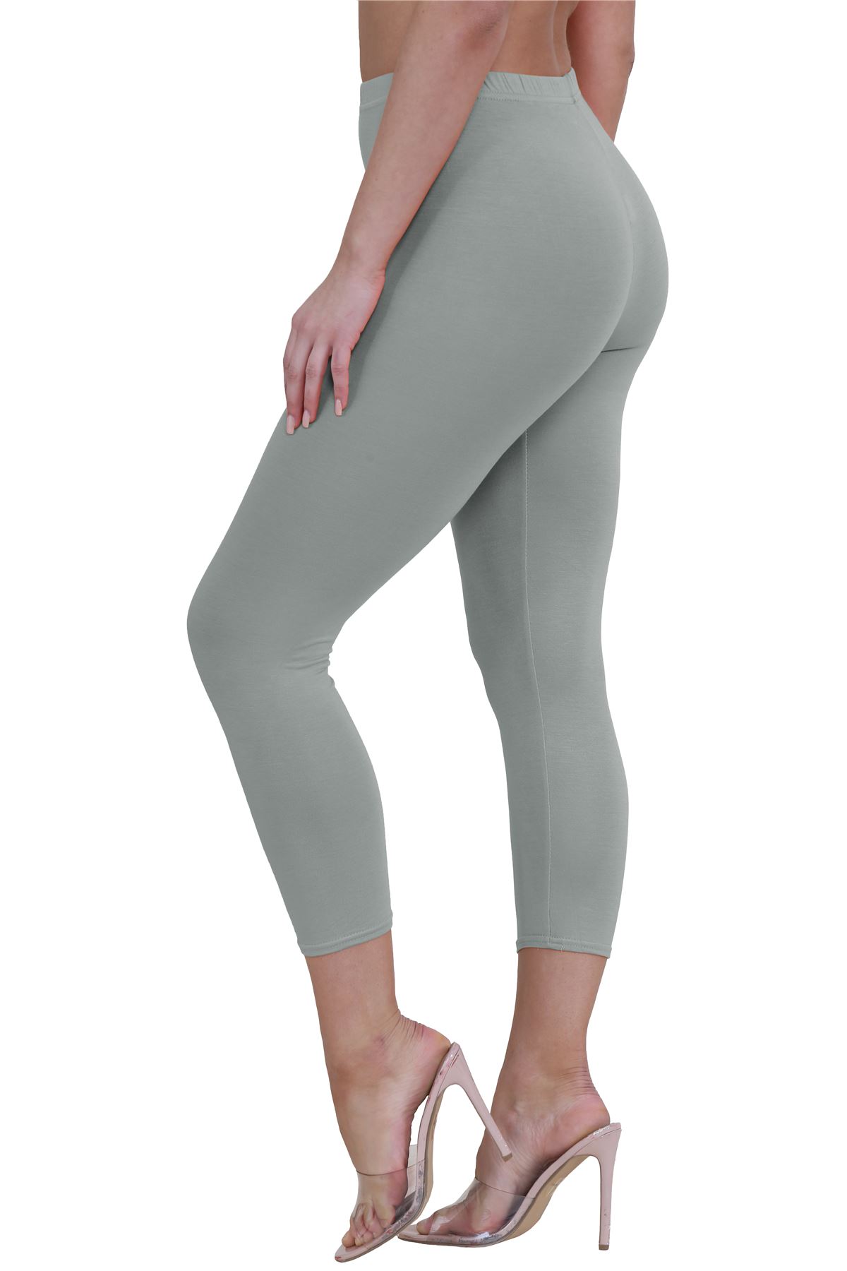 Womens 3/4 Leggings Workout Tight Plain Stretchy Cropped Capri Active Pants - Picture 60 of 186