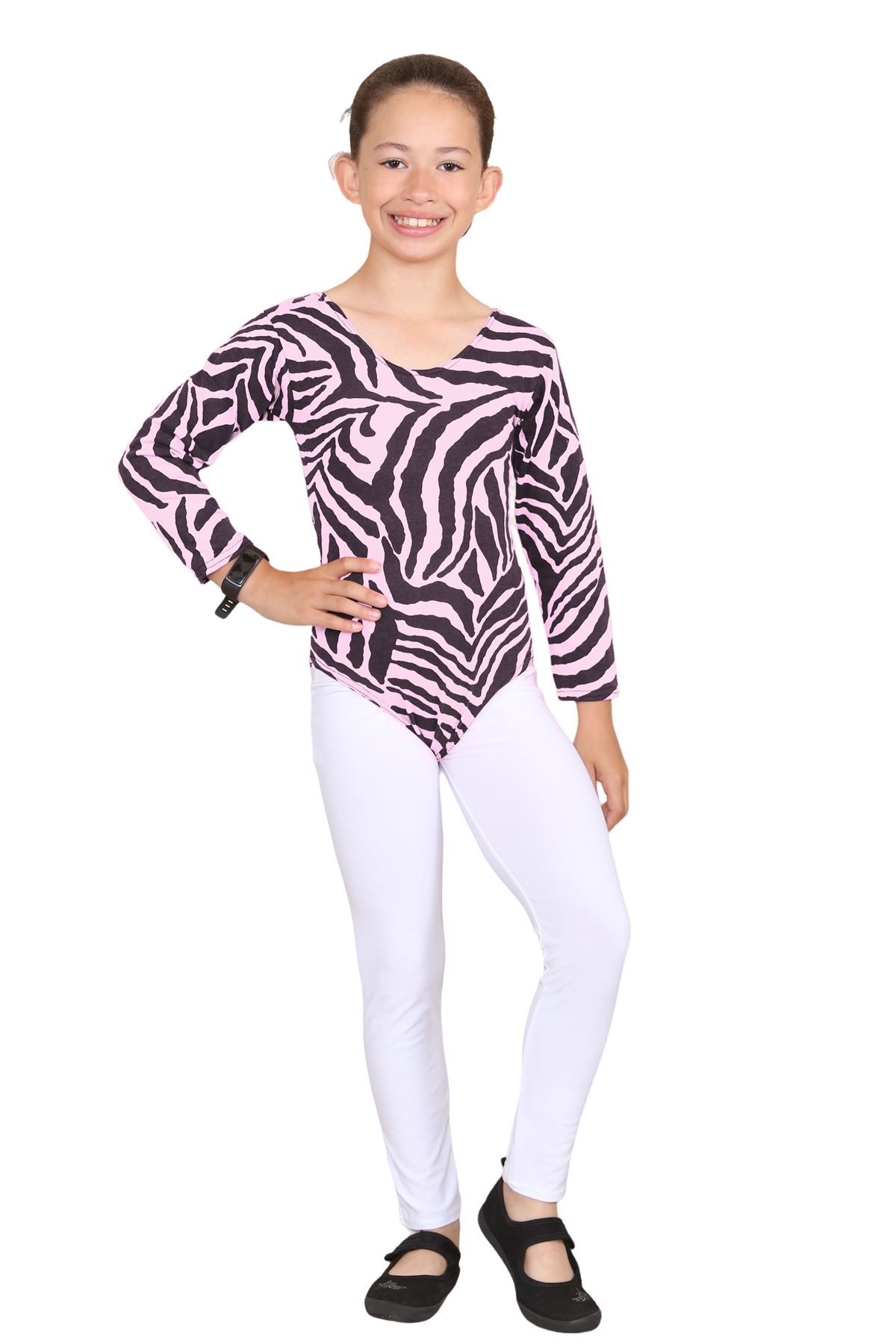 Girls Dance Leotard Zebra Print Long Sleeve Microfibre Gymnastics Kids Bodysuit - Picture 3 of 37