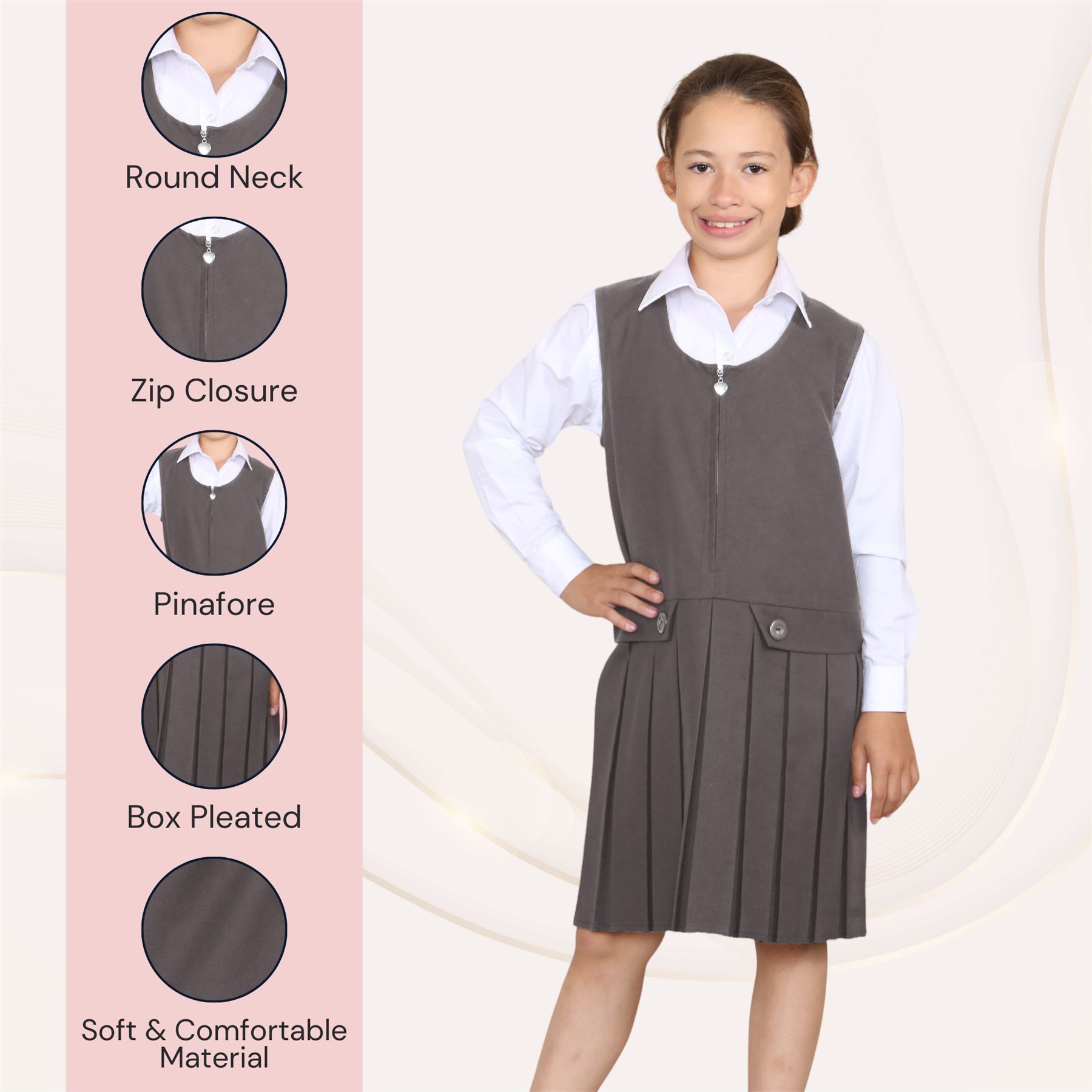 Niñas Delantal Vestido Caja Plisada Dos Botones Frontal Cremallera Uniforme Escolar Paquete de 2 - Imagen 14 de 23
