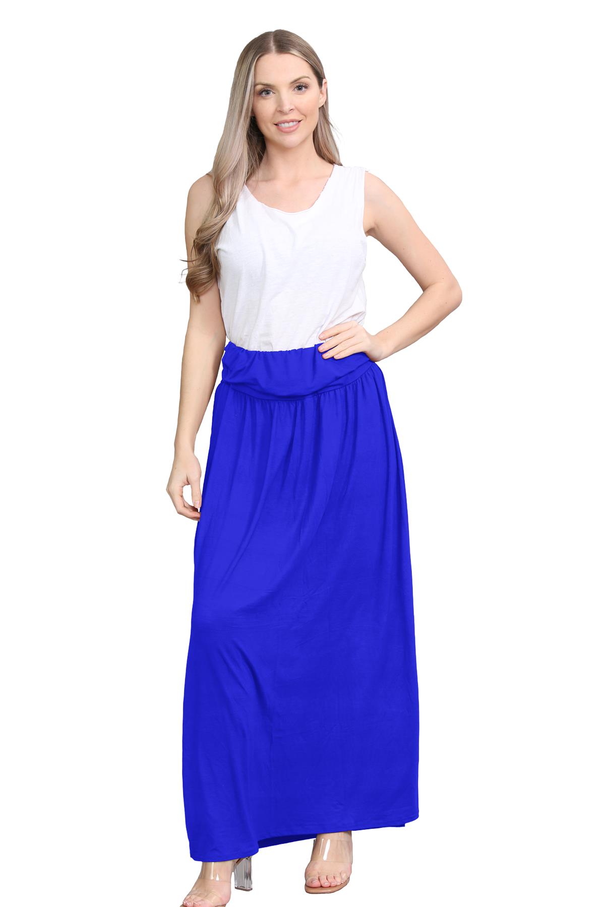 Womens Fold Over Maxi Skirt Plain Pleated Waist Jersey Summer Gypsy Long Skirt - Picture 47 of 68