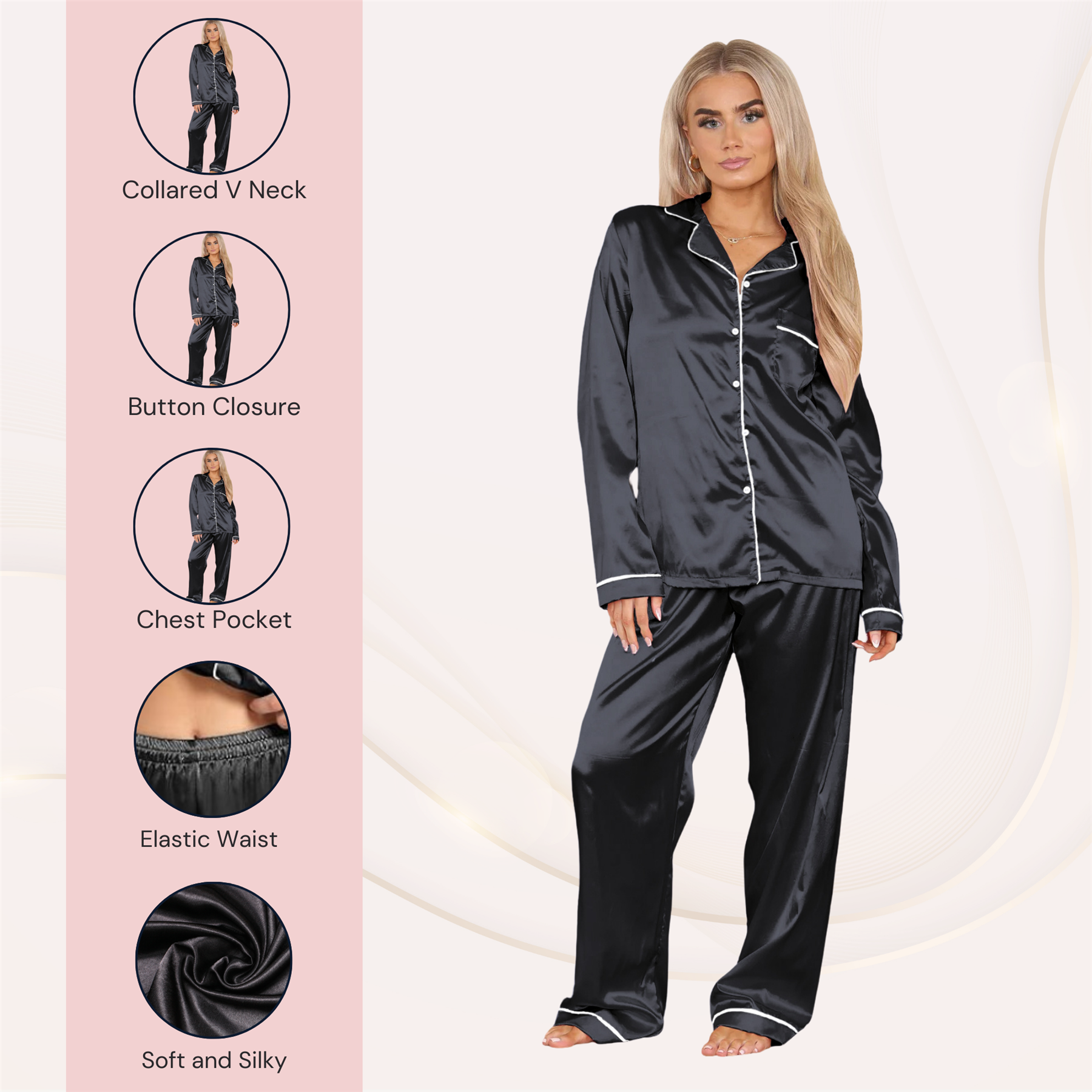 Conjunto de 2 piezas de pijama de satén de manga larga con botones camisa pantalón para damas - Imagen 11 de 43