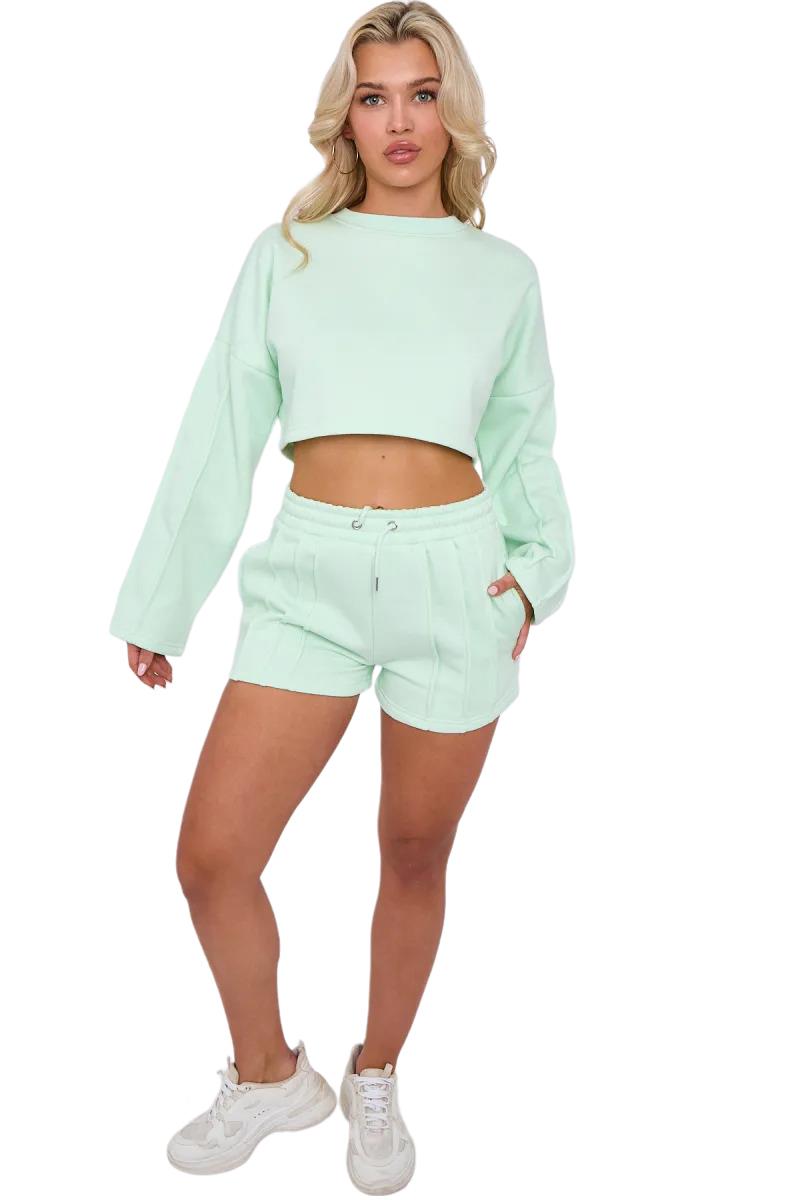 Womens Pleated Lined Crop Top Shorts Set 2 Pcs Co-ord Fleece Loungewear Suit - Picture 14 of 36
