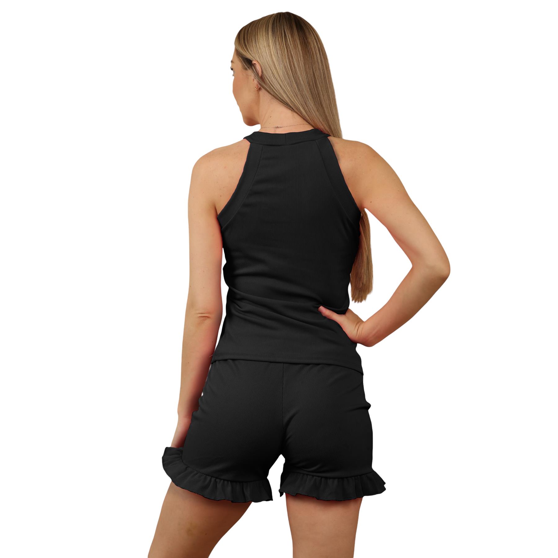 Conjunto corto acanalado para mujer Chaleco con botones dorados Top Volantes Pantalones cortos Co-ords 2 piezas Ropa de salón - Imagen 5 de 60