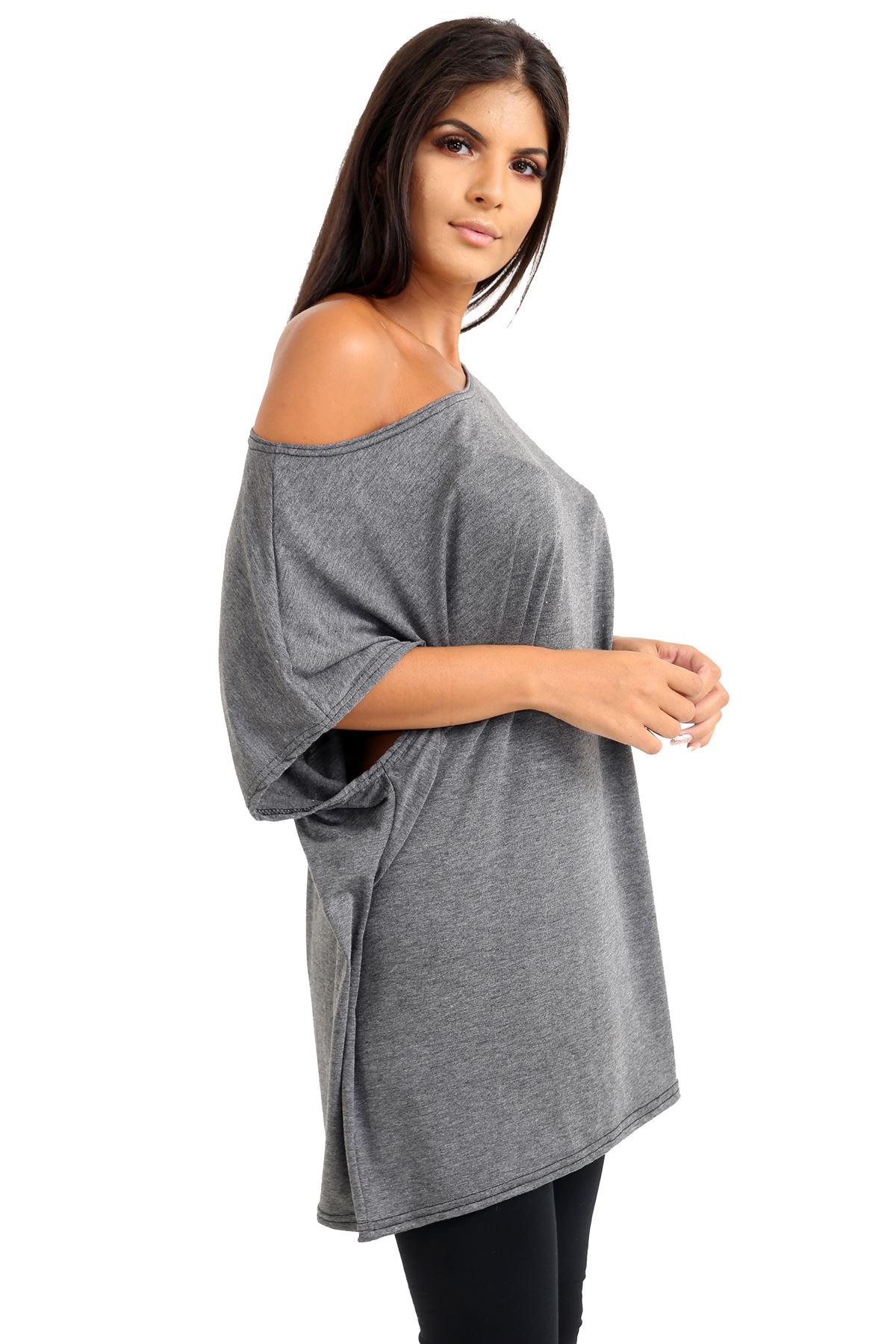 Schulterfreies Damen-T-Shirt Oberteil Fledermausärmel Oversize uni Freizeit Bardot Oberteil - Bild 47 von 225