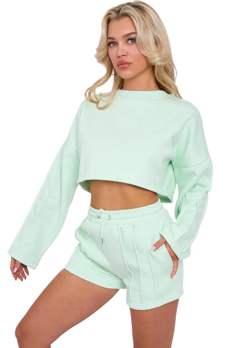 Womens Pleated Lined Crop Top Shorts Set 2 Pcs Co-ord Fleece Loungewear Suit - Picture 15 of 36