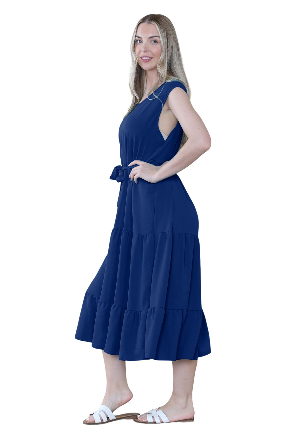 Womens Italian Smock Dress Sleeveless Belted Midi Dress Plain Frill Summer Dress - Picture 54 of 64