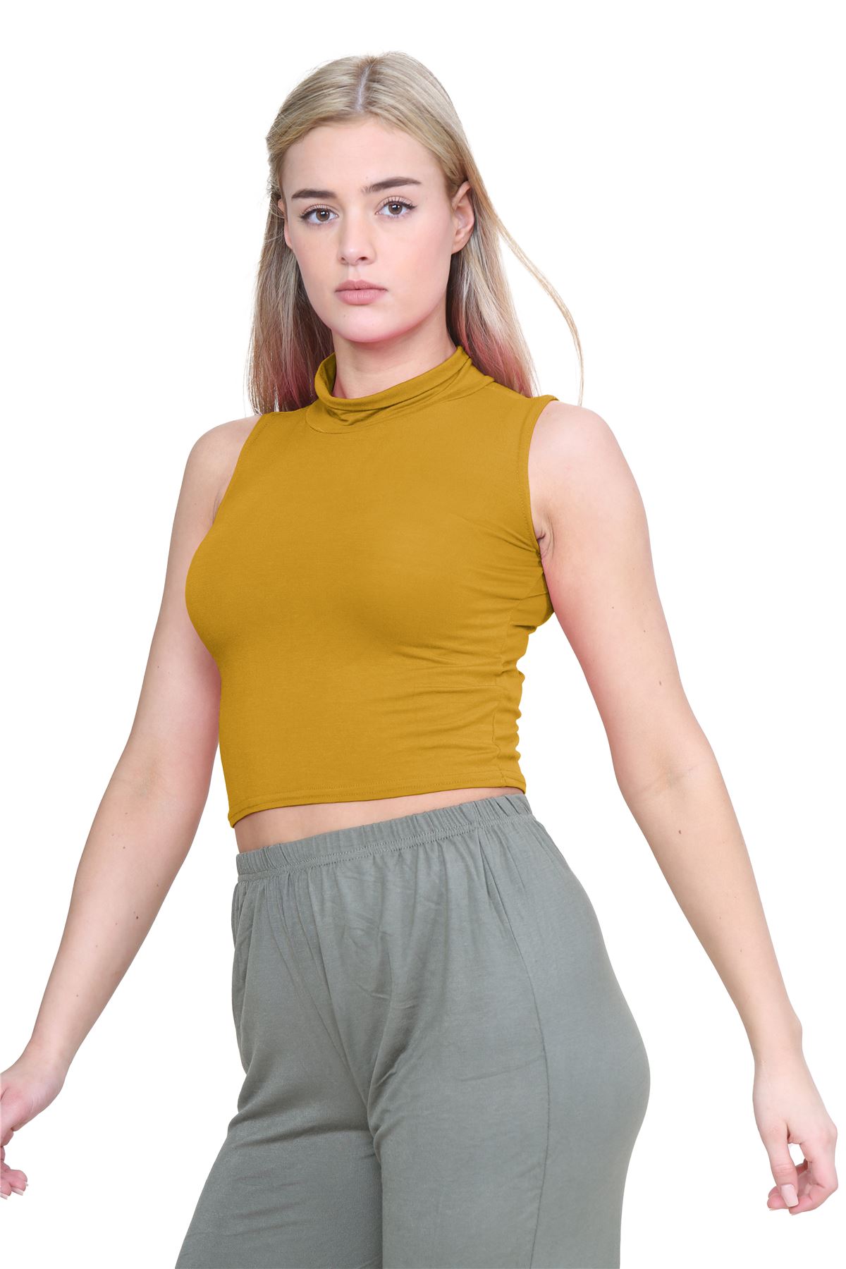 Womens Sleeveless Crop Top Ladies High Turtle Neck Plain Stretchy T-Shirt Vest - Picture 40 of 165