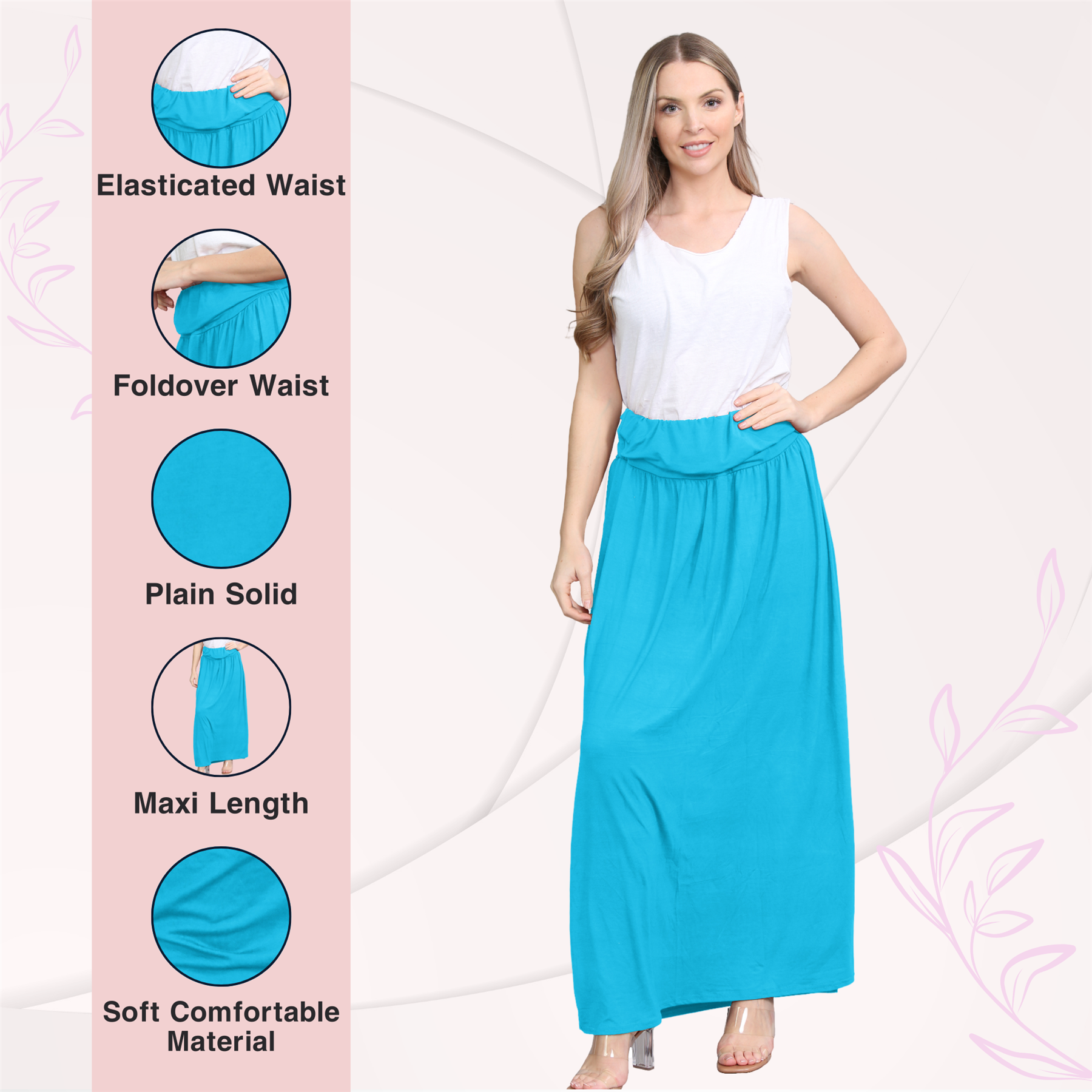 Womens Fold Over Maxi Skirt Plain Pleated Waist Jersey Summer Gypsy Long Skirt - Picture 59 of 68