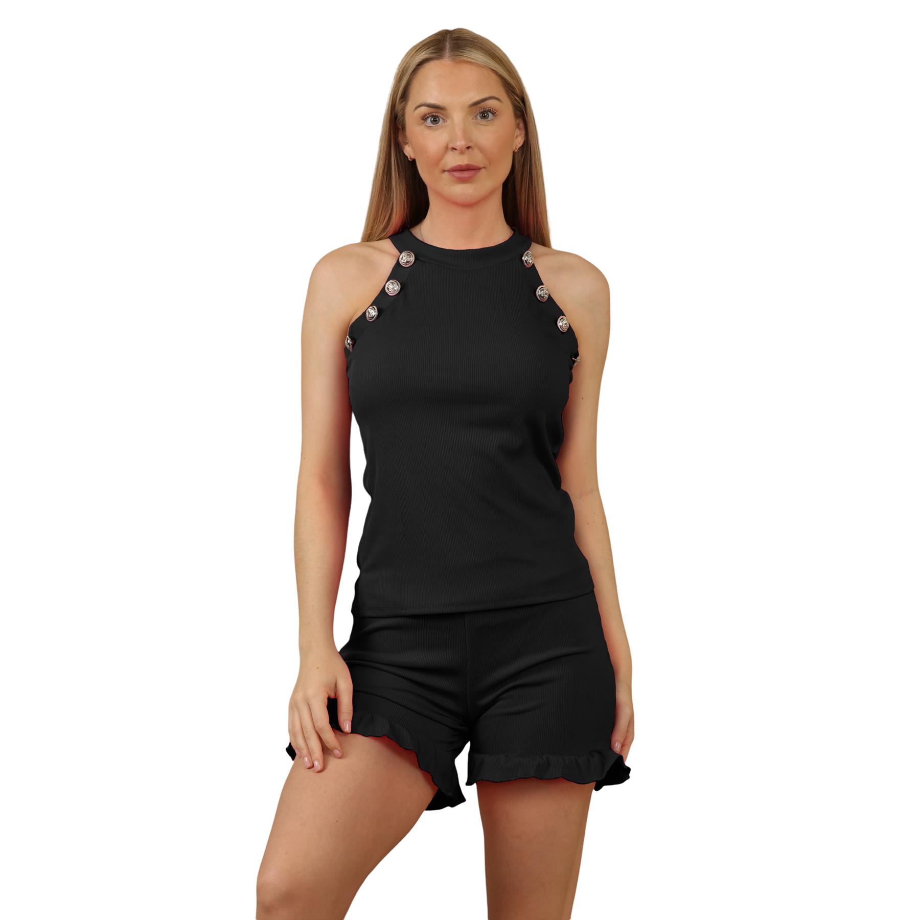 Conjunto corto acanalado para mujer Chaleco con botones dorados Top Volantes Pantalones cortos Co-ords 2 piezas Ropa de salón - Imagen 2 de 60