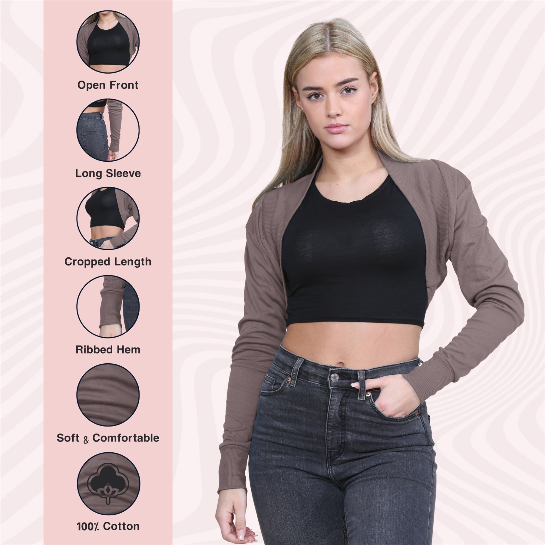 Ladies Long Sleeve Cotton Shrug Plain Open Bolero Cardigan Soft Summer Crop Top - Picture 40 of 84