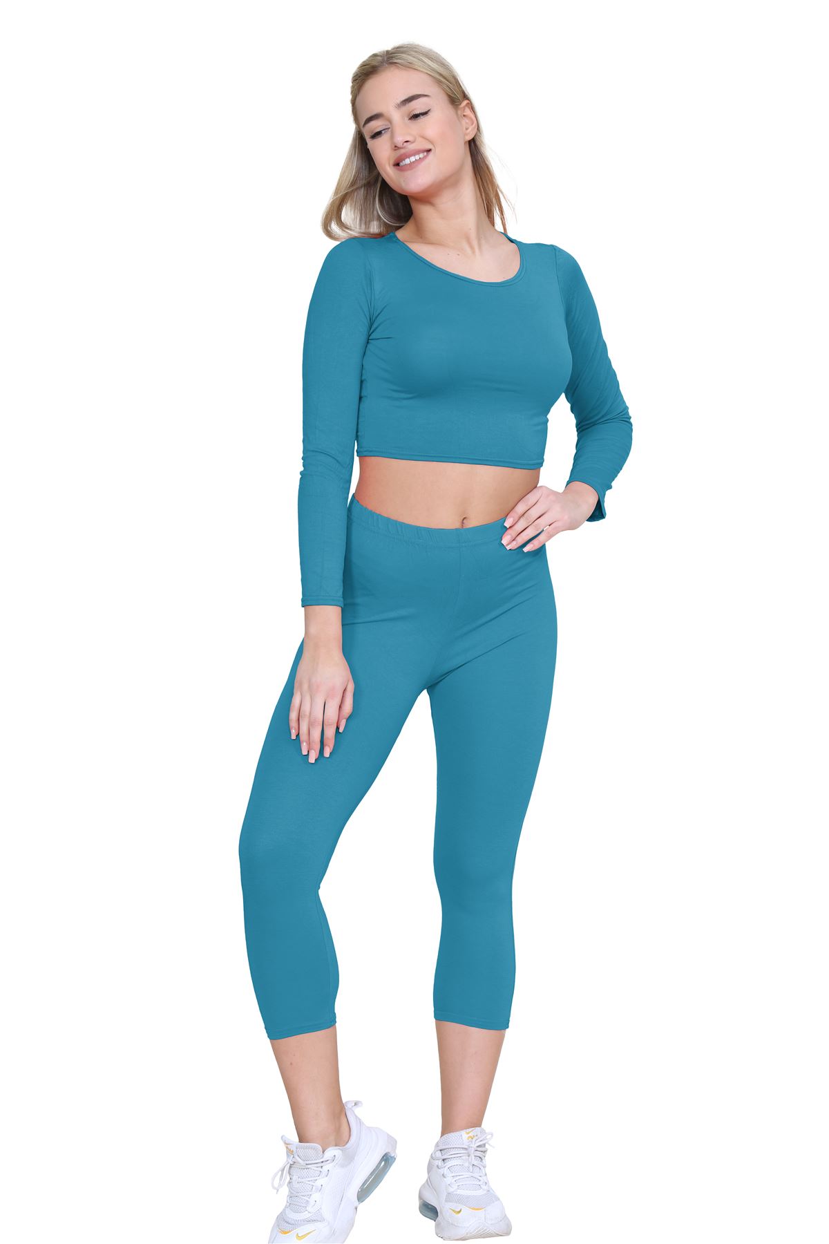 Womens 3/4 Leggings Workout Tight Plain Stretchy Cropped Capri Active Pants - Picture 151 of 186