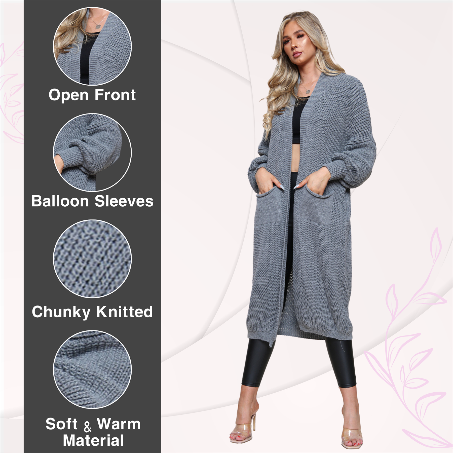 Ballonärmel Maxi Cardigan Damen übergroß gestrickt Winter Longline Pullover - Bild 25 von 134