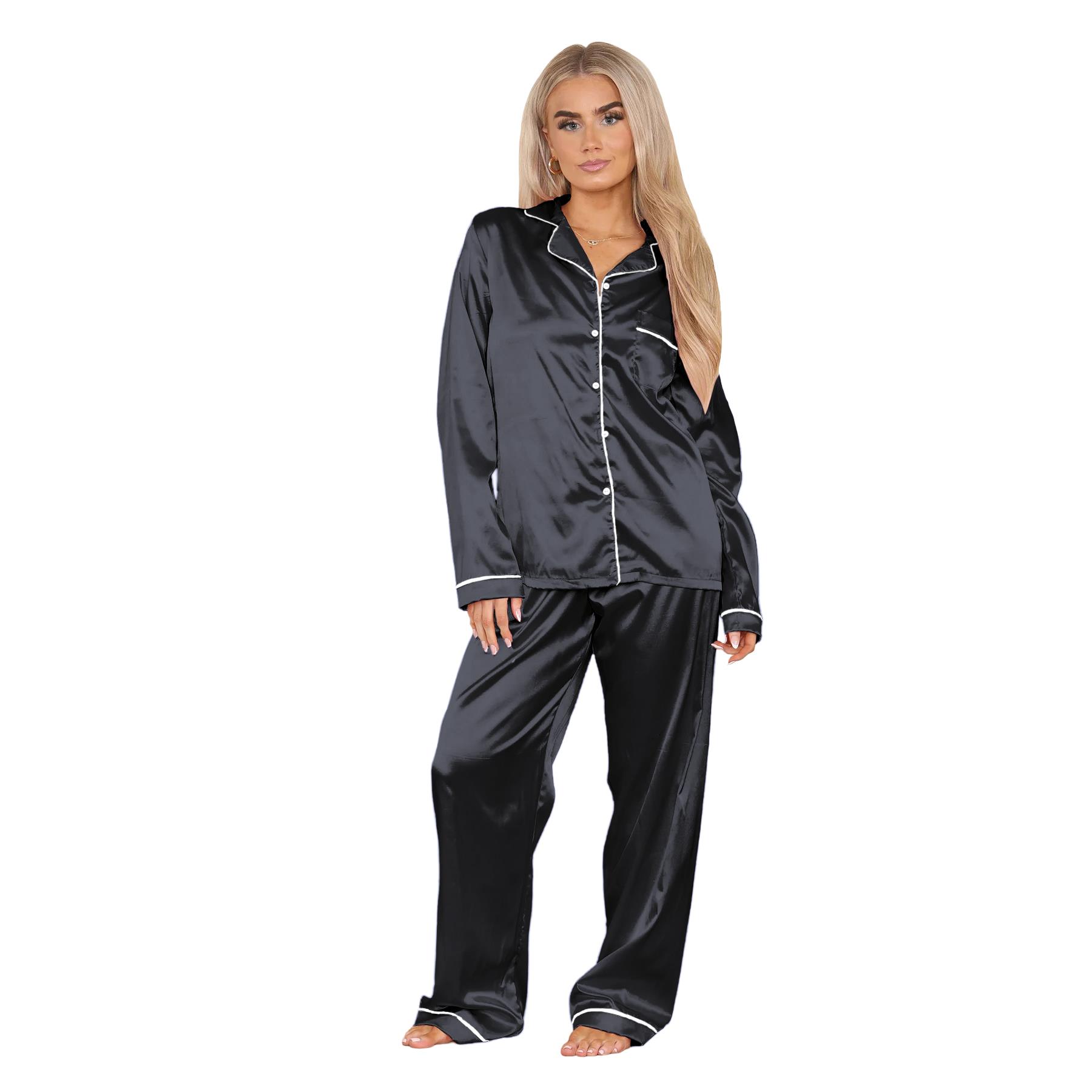Conjunto de 2 piezas de pijama de satén de manga larga con botones camisa pantalón para damas - Imagen 8 de 43