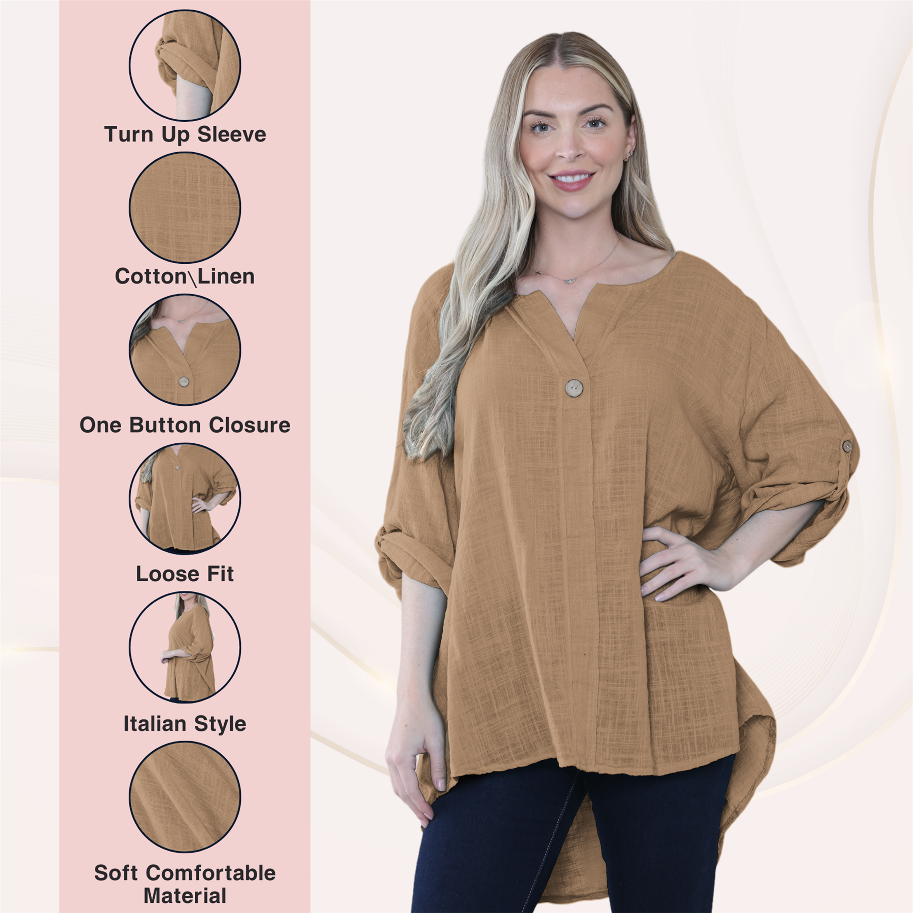 Camiseta informal lisa de lino y algodón con un botón de manga giratoria italiana para dama - Imagen 11 de 63