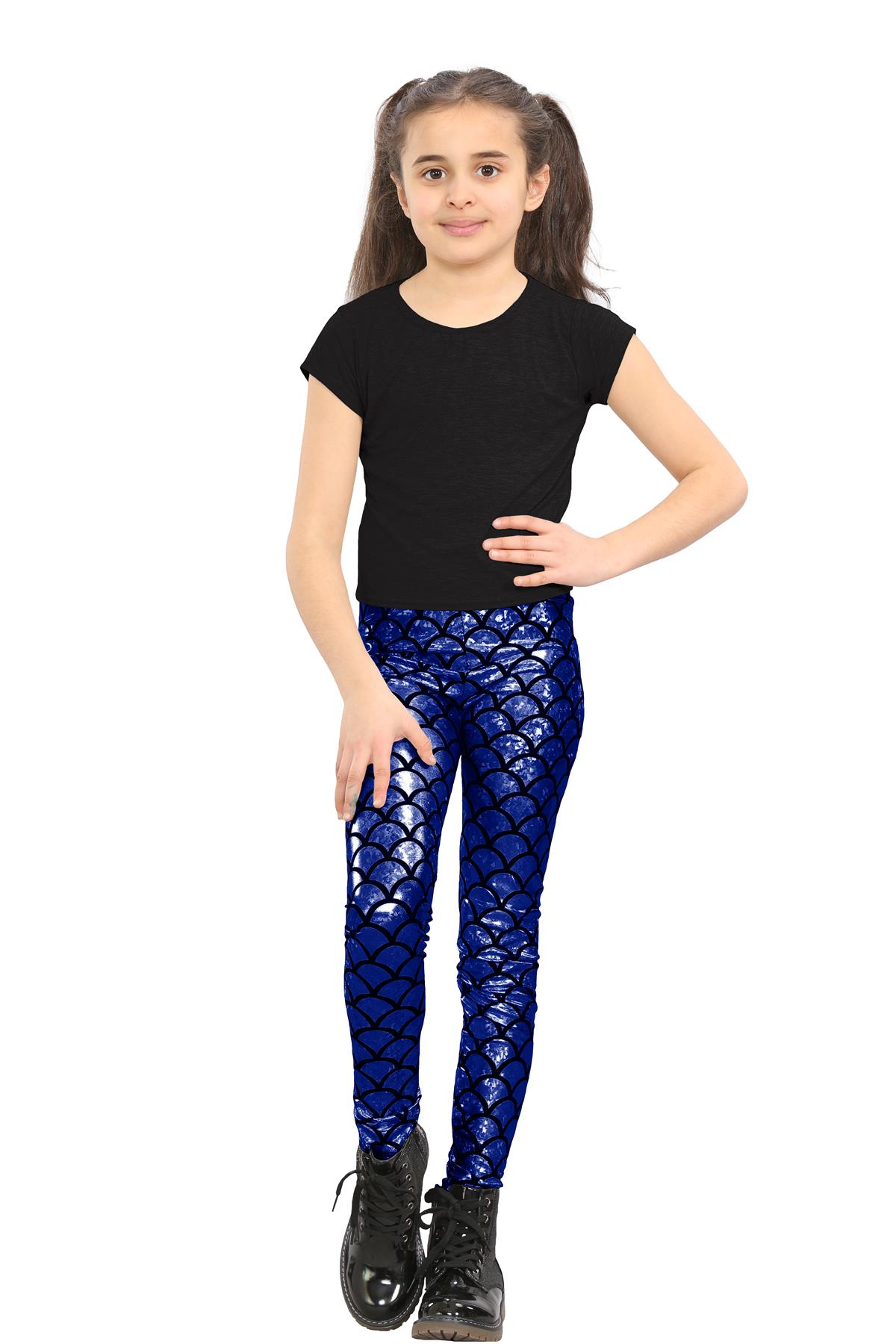 Girls Mermaid Leggings Kids Fish Scale Disco Skinny Shiny Metallic Trouser Pants - Picture 42 of 57