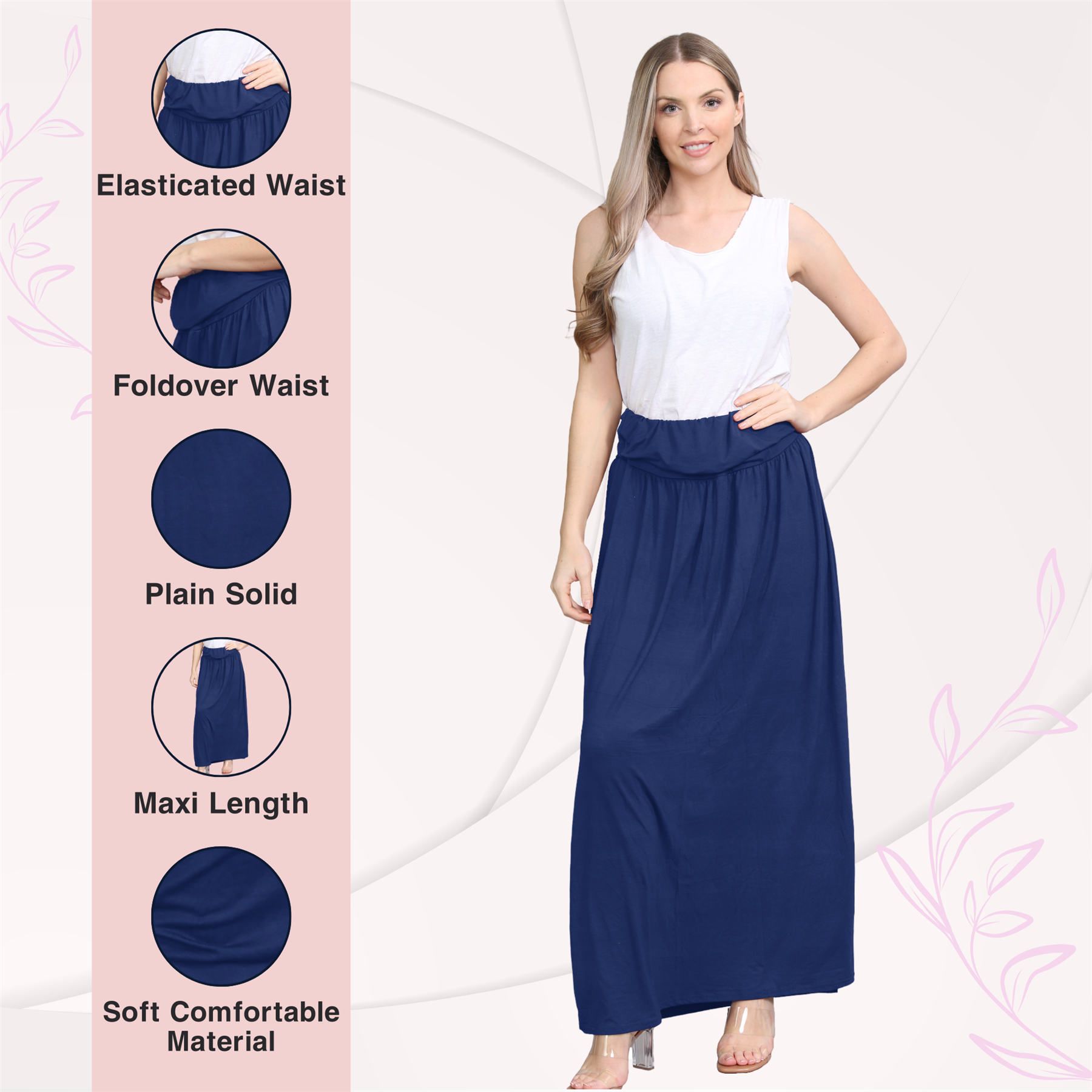Womens Fold Over Maxi Skirt Plain Pleated Waist Jersey Summer Gypsy Long Skirt - Picture 38 of 68