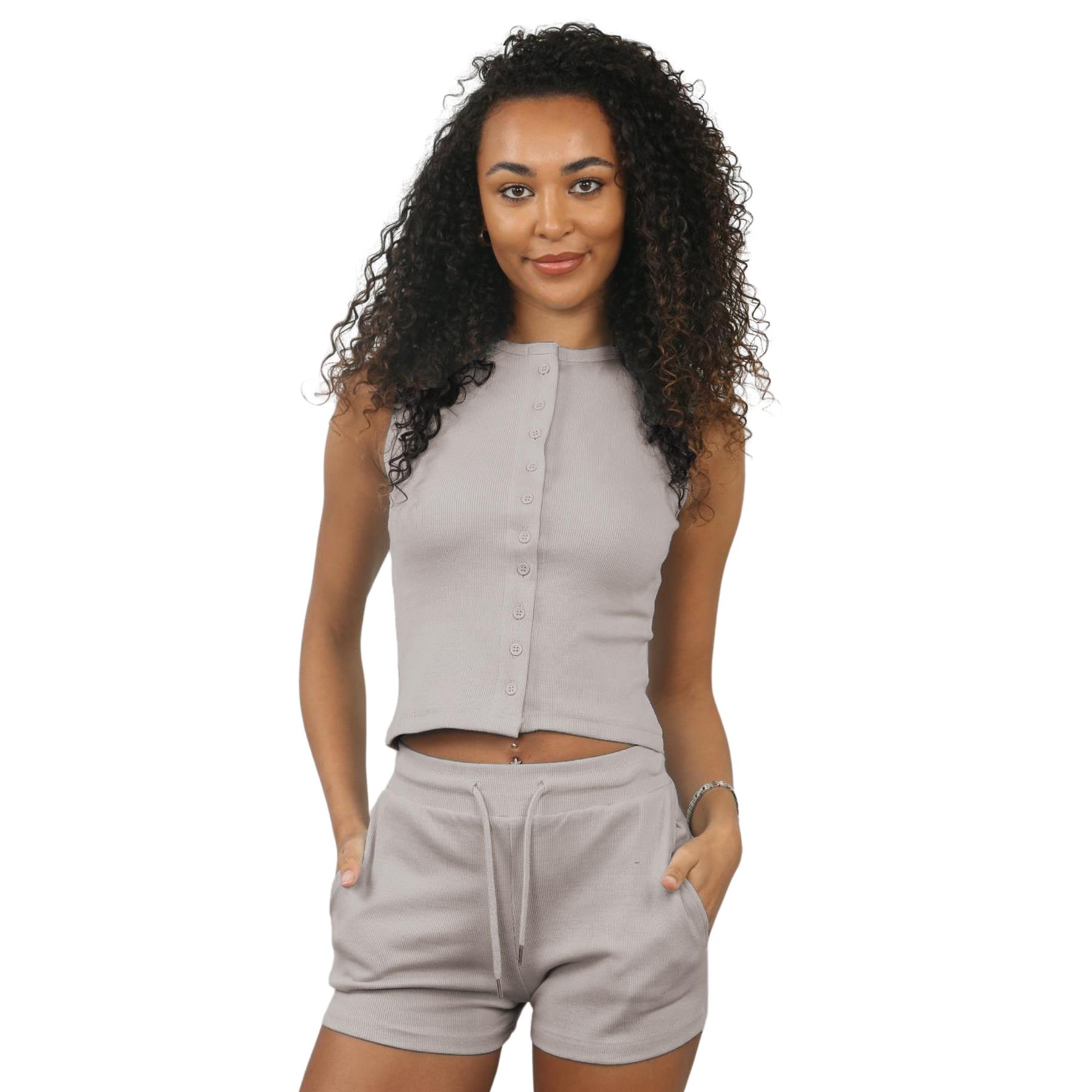 Damen Gerippt Ärmellos Knopfleiste Crop Top und Kordelzug Shorts Loungewear Set - Bild 20 von 49