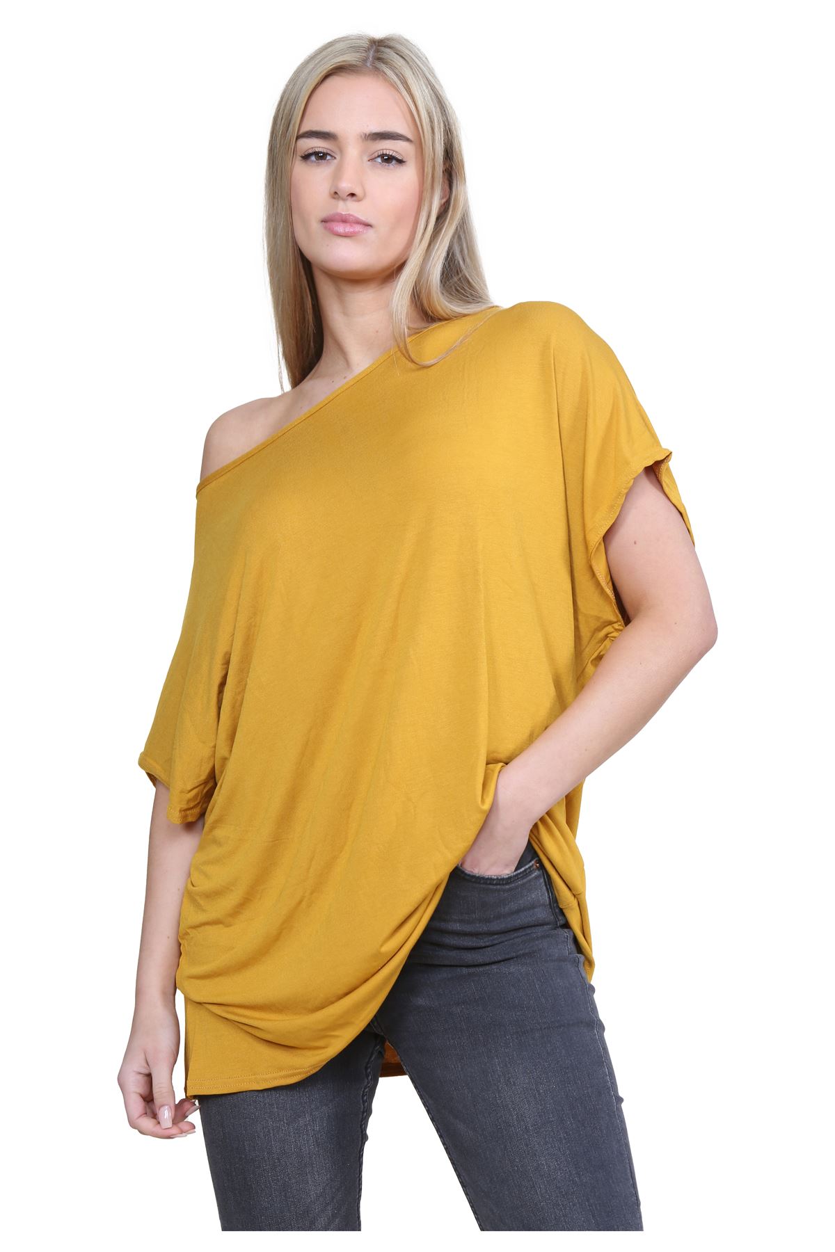Schulterfreies Damen-T-Shirt Oberteil Fledermausärmel Oversize uni Freizeit Bardot Oberteil - Bild 88 von 225