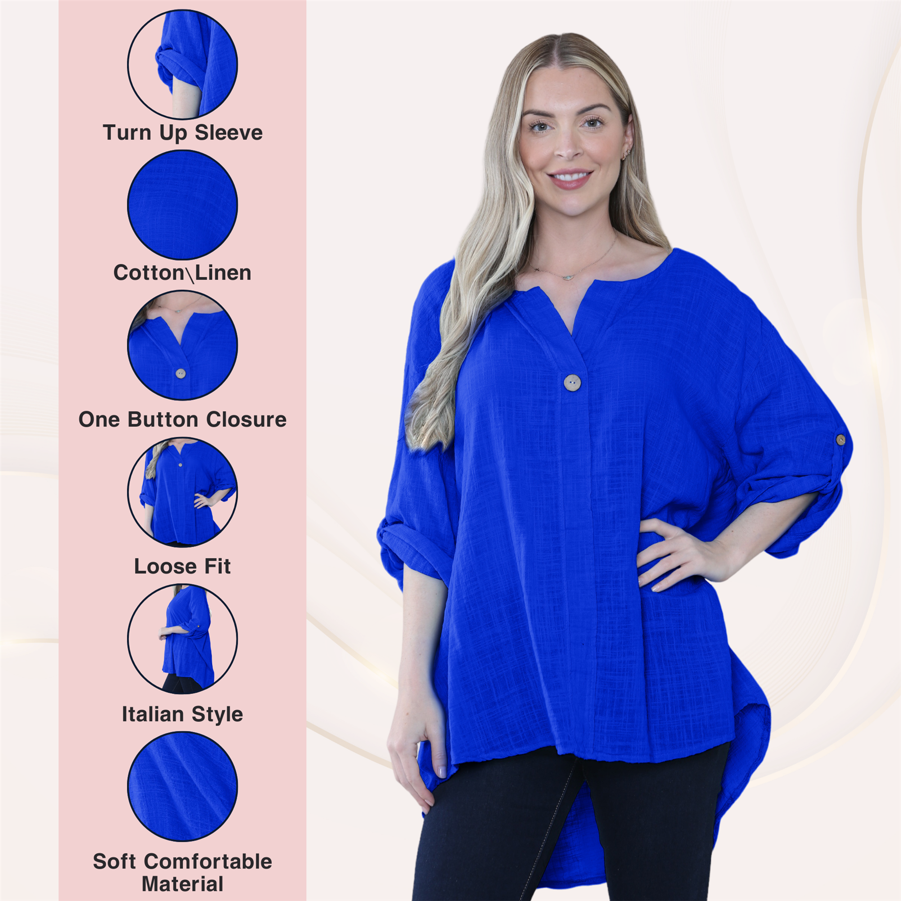 Camiseta informal lisa de lino y algodón con un botón de manga giratoria italiana para dama - Imagen 45 de 63