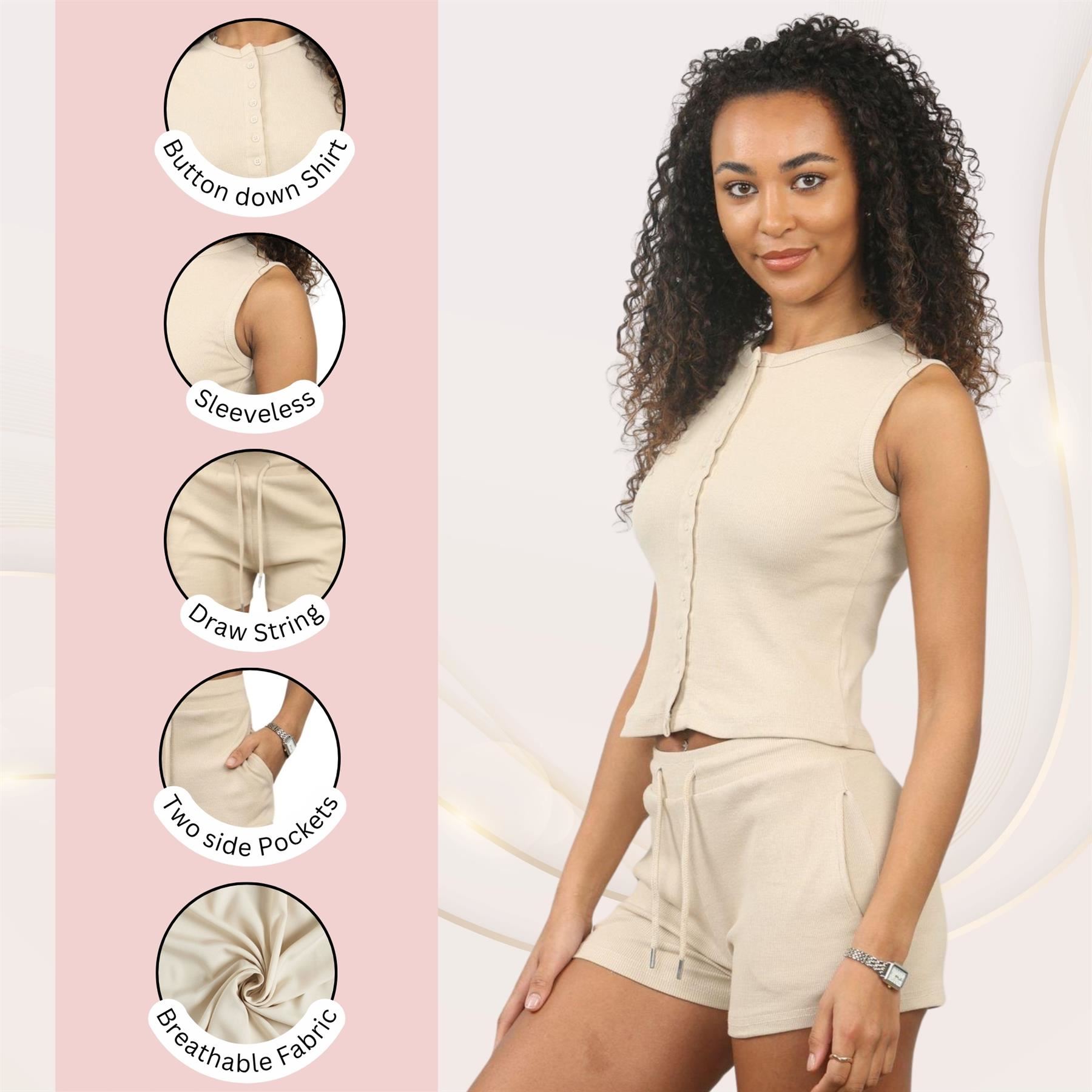 Damen Gerippt Ärmellos Knopfleiste Crop Top und Kordelzug Shorts Loungewear Set - Bild 30 von 49