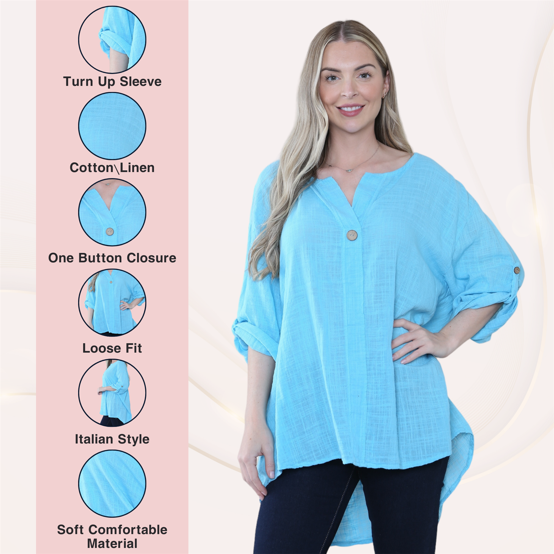 Camiseta informal lisa de lino y algodón con un botón de manga giratoria italiana para dama - Imagen 50 de 63