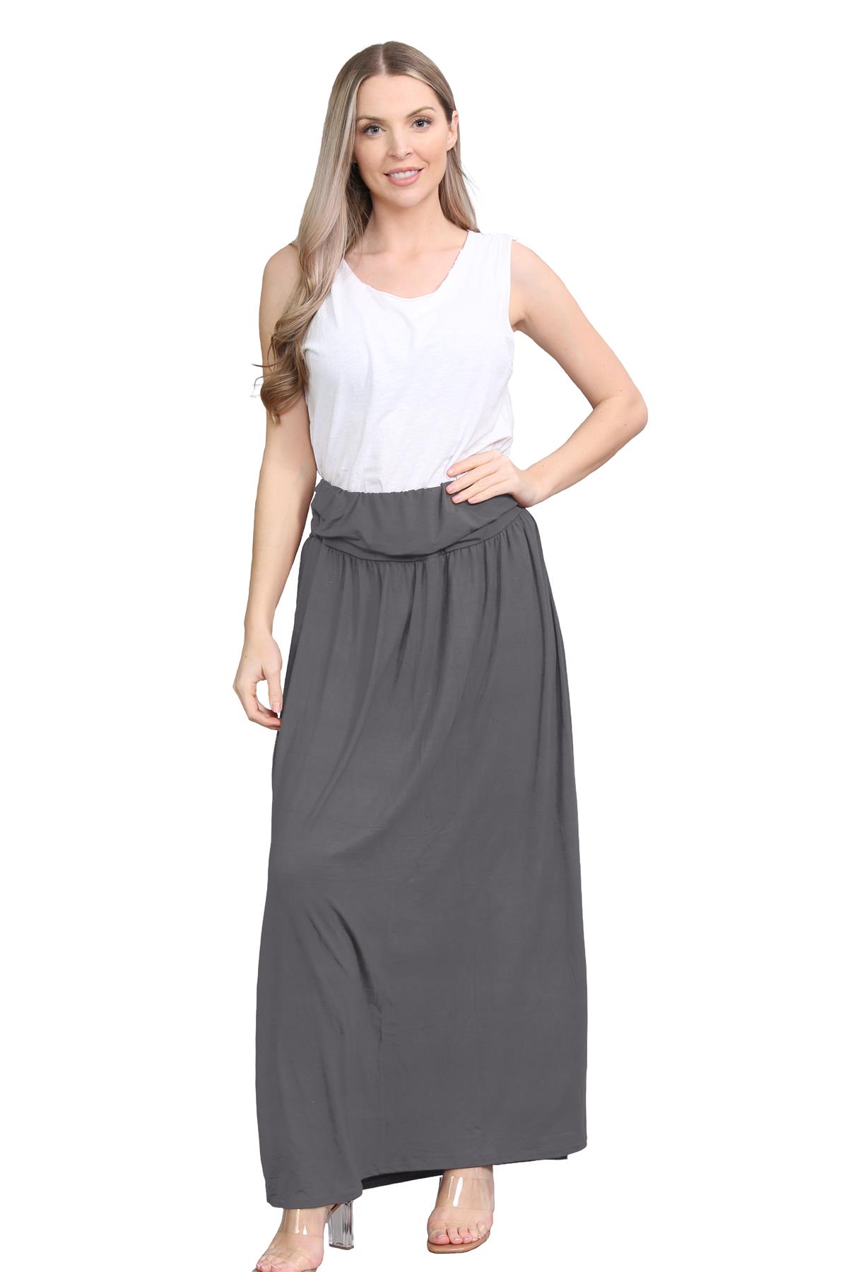 Womens Fold Over Maxi Skirt Plain Pleated Waist Jersey Summer Gypsy Long Skirt - Picture 10 of 68